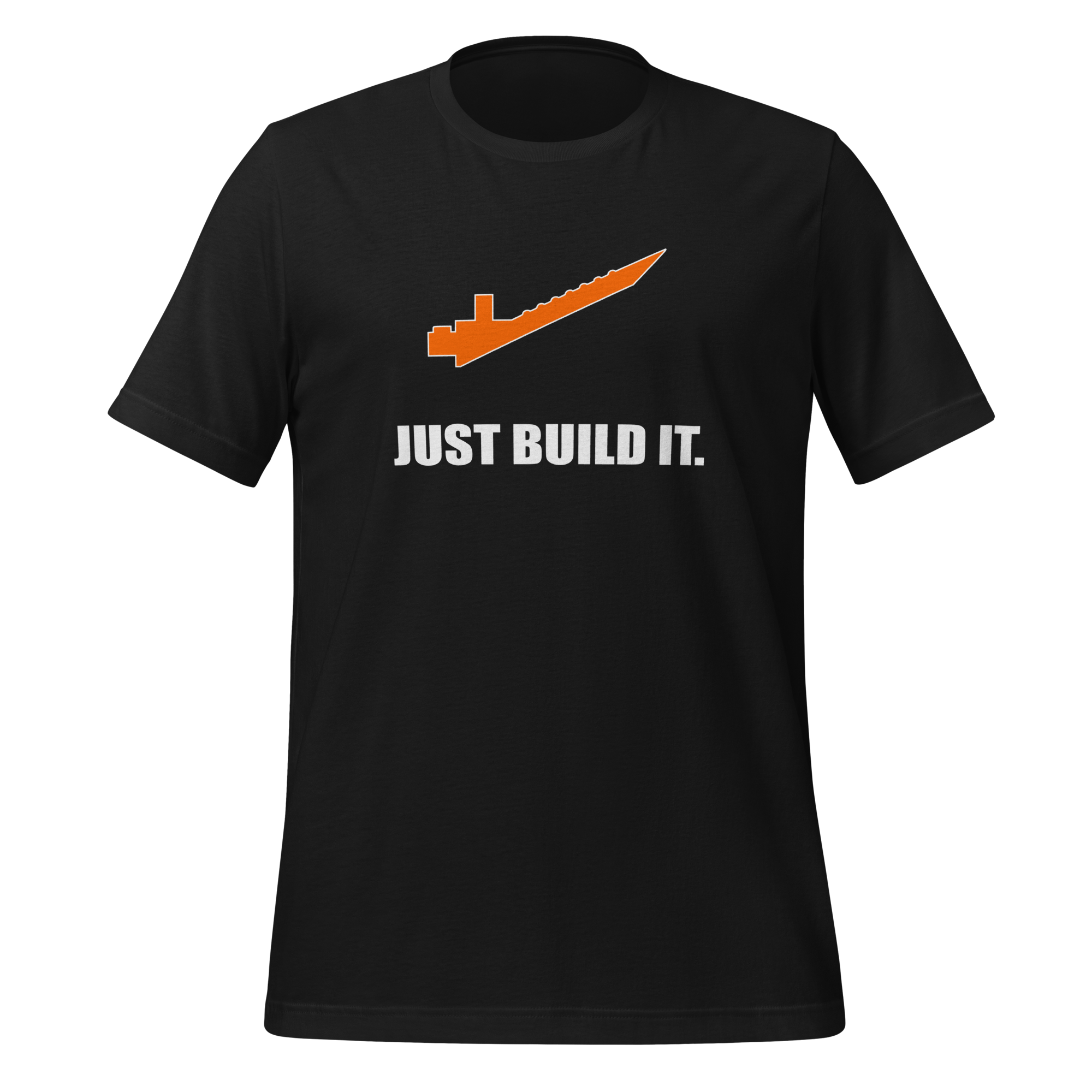 Vintage black 100% airlume cotton t-shirt featuring orange brick separator and parody AFOL saying: "Just Build It". Item is a BRKDrip AFOL essentials shirt with a modern brick-inspired aesthetic.