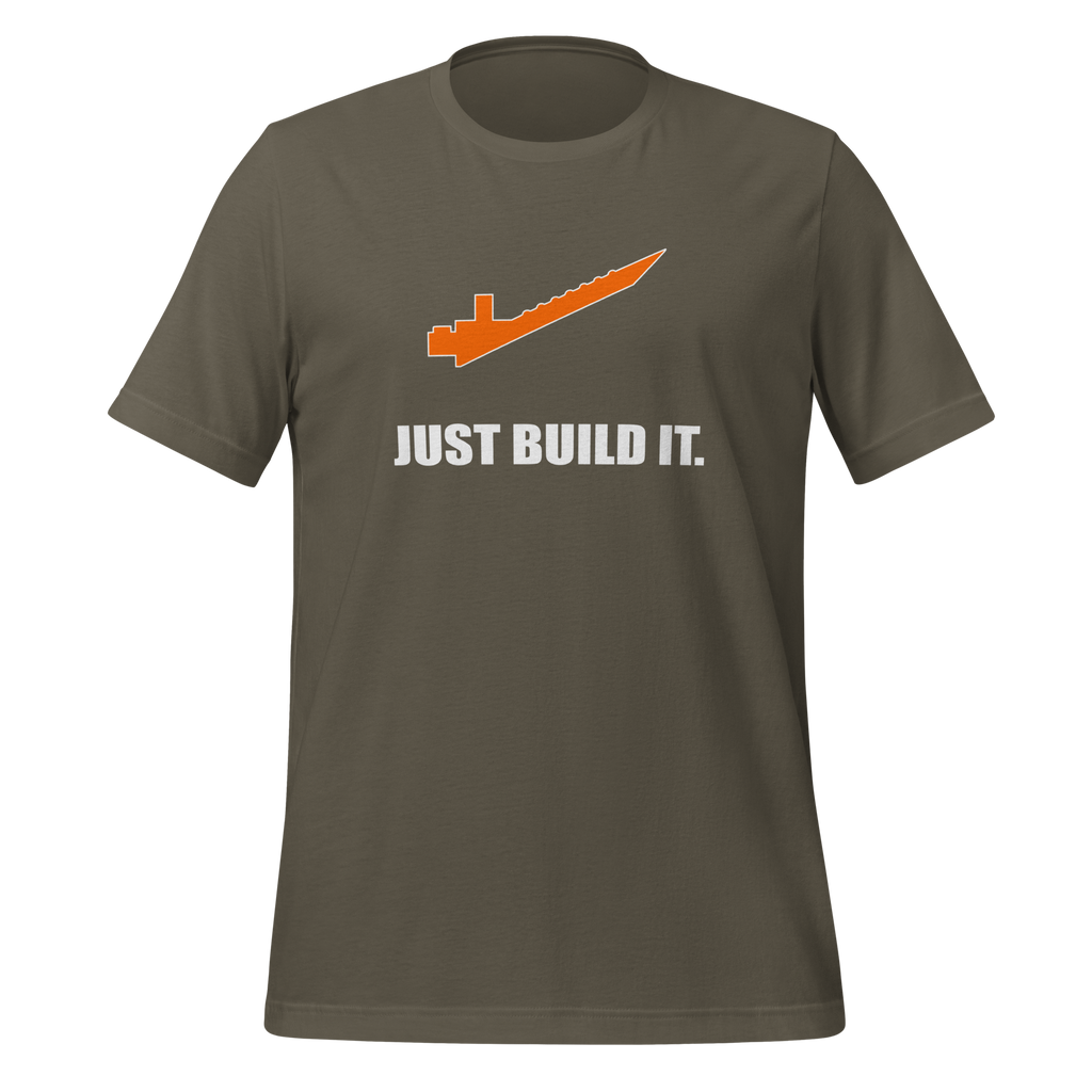 Army green 100% airlume cotton t-shirt featuring orange brick separator and parody AFOL saying: "Just Build It". Item is a BRKDrip AFOL essentials shirt with a modern brick-inspired aesthetic.