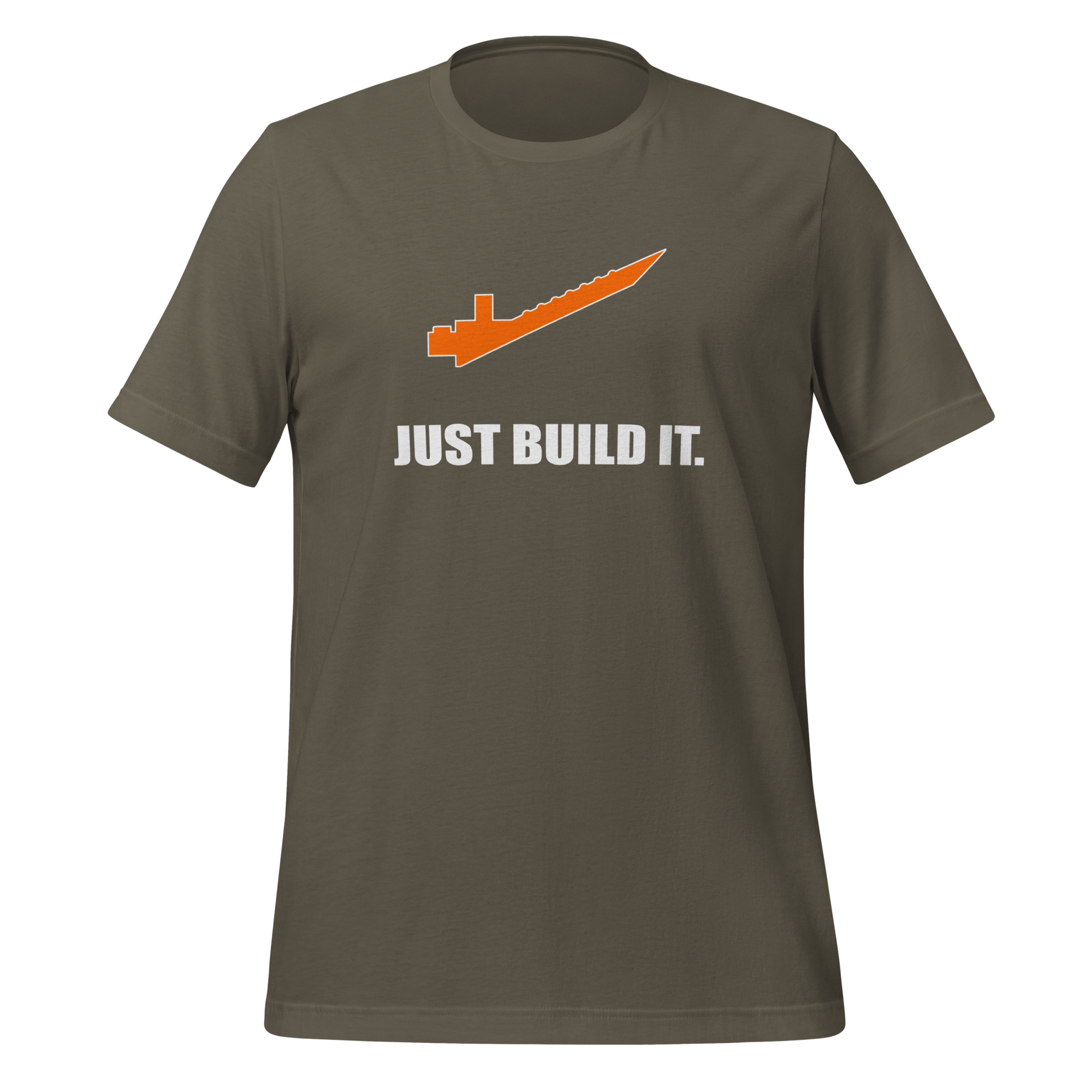 Army green 100% airlume cotton t-shirt featuring orange brick separator and parody AFOL saying: "Just Build It". Item is a BRKDrip AFOL essentials shirt with a modern brick-inspired aesthetic.