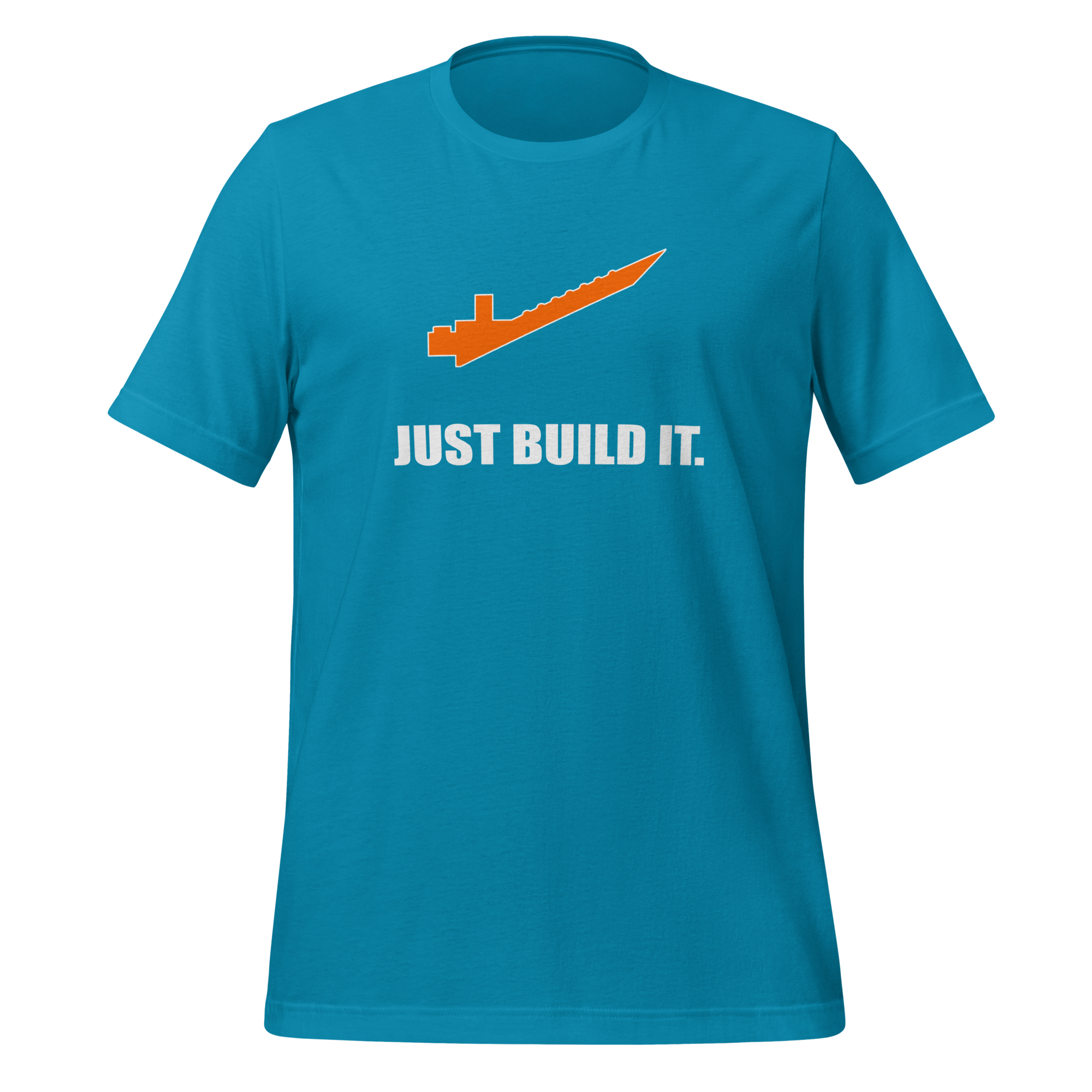 Aqua blue 100% airlume cotton t-shirt featuring orange brick separator and parody AFOL saying: "Just Build It". Item is a BRKDrip AFOL essentials shirt with a modern brick-inspired aesthetic.