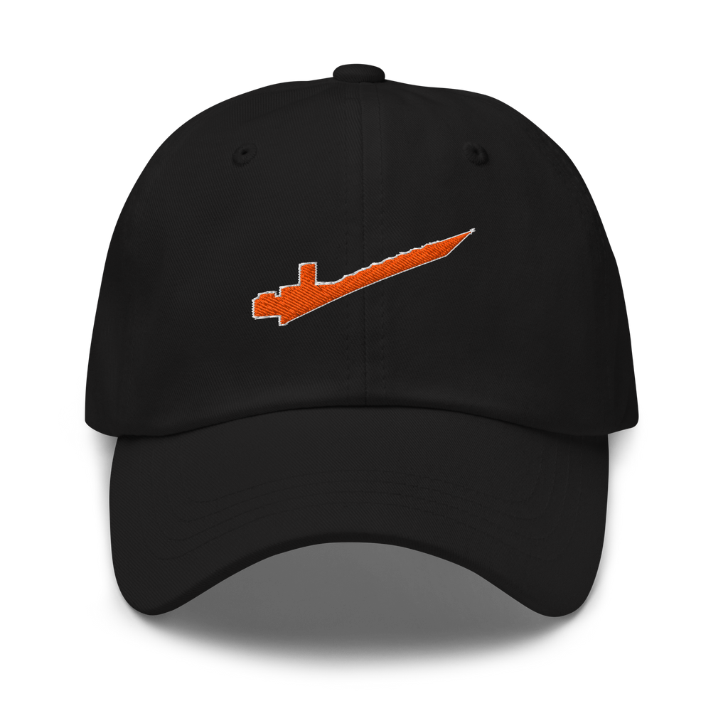 Front-facing view of black cotton twill baseball cap hat featuring embroidered orange brick separator design. Item is a BRKDrip AFOL Headgear Dad Hat with a modern town building blocks aesthetic.