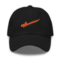 Front-facing view of black cotton twill baseball cap hat featuring embroidered orange brick separator design. Item is a BRKDrip AFOL Headgear Dad Hat with a modern town building blocks aesthetic.
