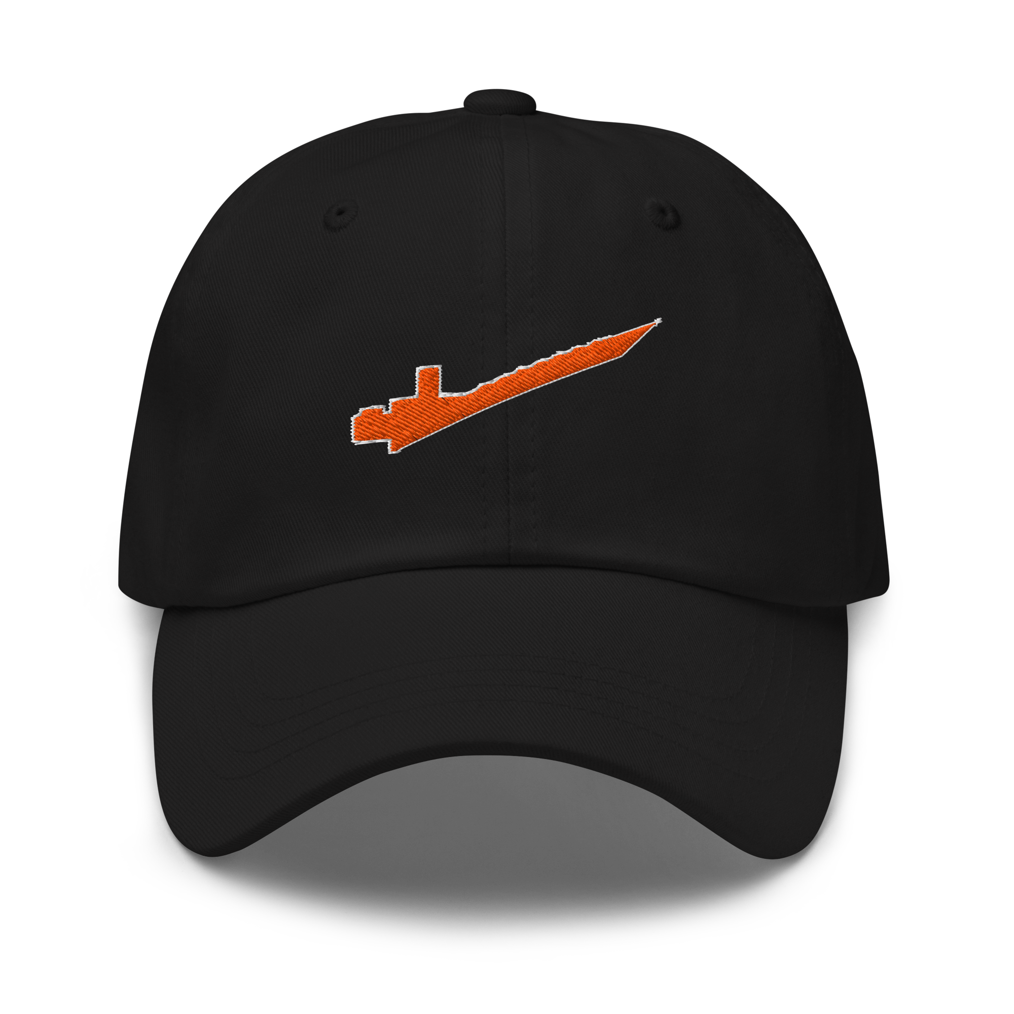 Front-facing view of black cotton twill baseball cap hat featuring embroidered orange brick separator design. Item is a BRKDrip AFOL Headgear Dad Hat with a modern town building blocks aesthetic.