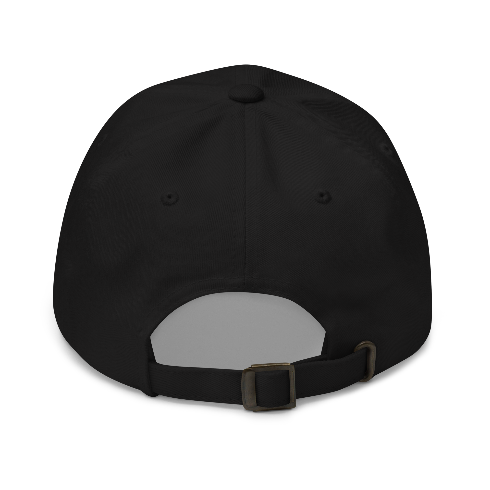 Back view of metal buckle and adjustable strap on a black cotton twill baseball cap hat featuring embroidered orange brick separator design. Item is a BRKDrip AFOL Headgear Dad Hat with a modern town building blocks aesthetic.