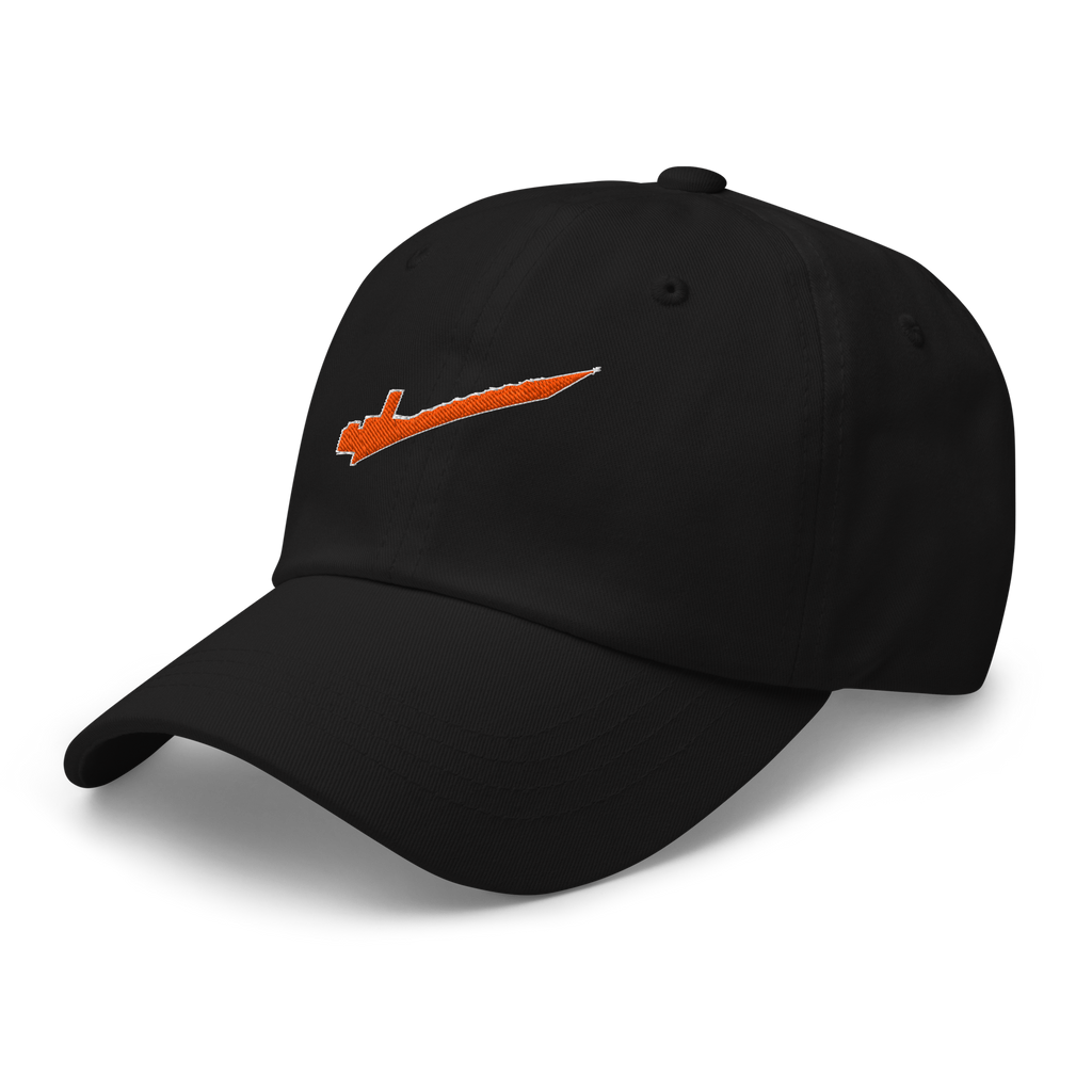 Side profile of black cotton twill baseball cap hat featuring embroidered orange brick separator design. Item is a BRKDrip AFOL Headgear Dad Hat with a modern town building blocks aesthetic.
