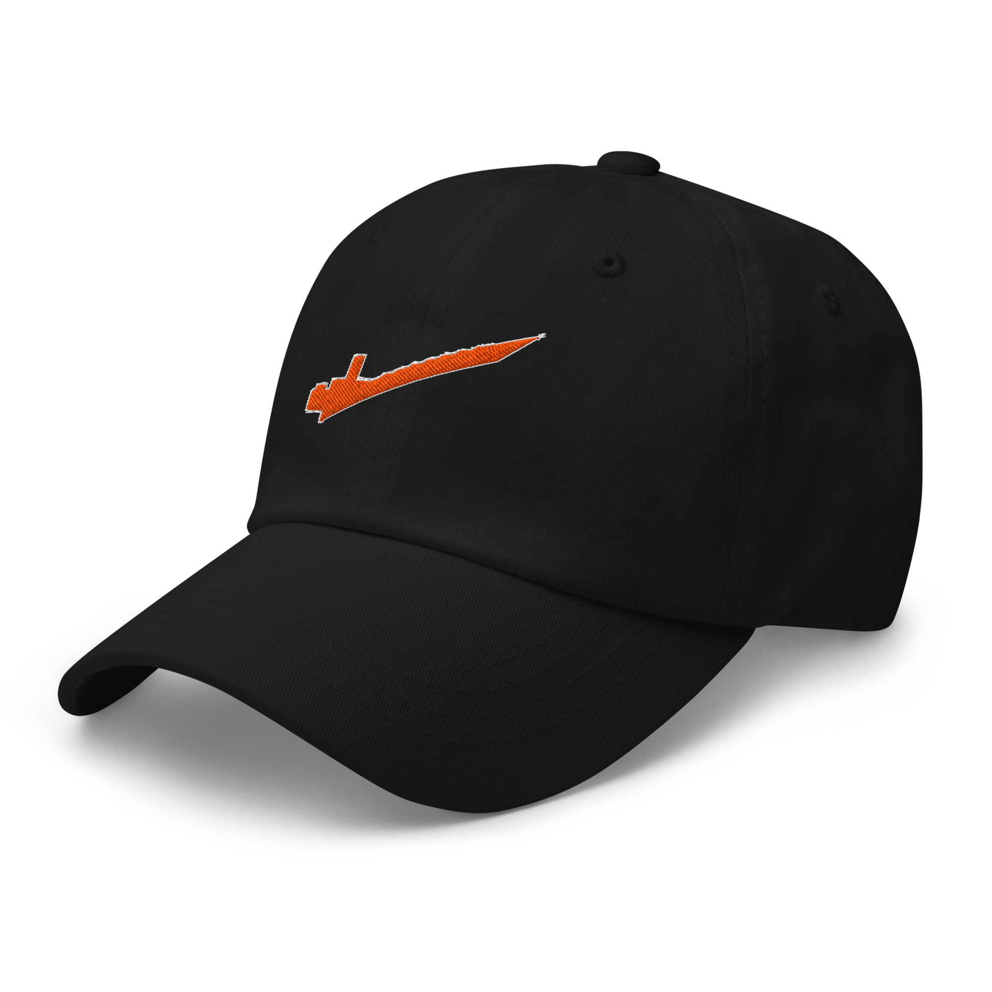 Side profile of black cotton twill baseball cap hat featuring embroidered orange brick separator design. Item is a BRKDrip AFOL Headgear Dad Hat with a modern town building blocks aesthetic.