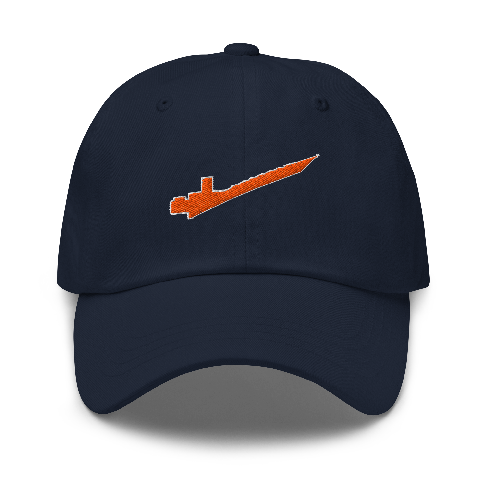 Front-facing view of navy cotton twill baseball cap hat featuring embroidered orange brick separator design. Item is a BRKDrip AFOL Headgear Dad Hat with a modern town building blocks aesthetic.