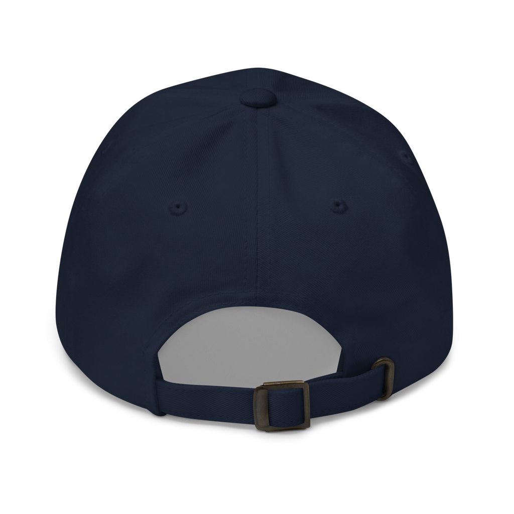 Back view of metal buckle and adjustable strap on a navy cotton twill baseball cap hat featuring embroidered orange brick separator design. Item is a BRKDrip AFOL Headgear Dad Hat with a modern town building blocks aesthetic.