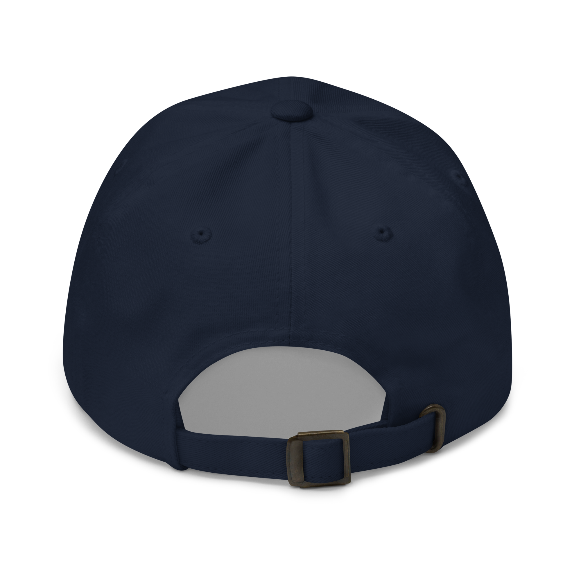 Back view of metal buckle and adjustable strap on a navy cotton twill baseball cap hat featuring embroidered orange brick separator design. Item is a BRKDrip AFOL Headgear Dad Hat with a modern town building blocks aesthetic.