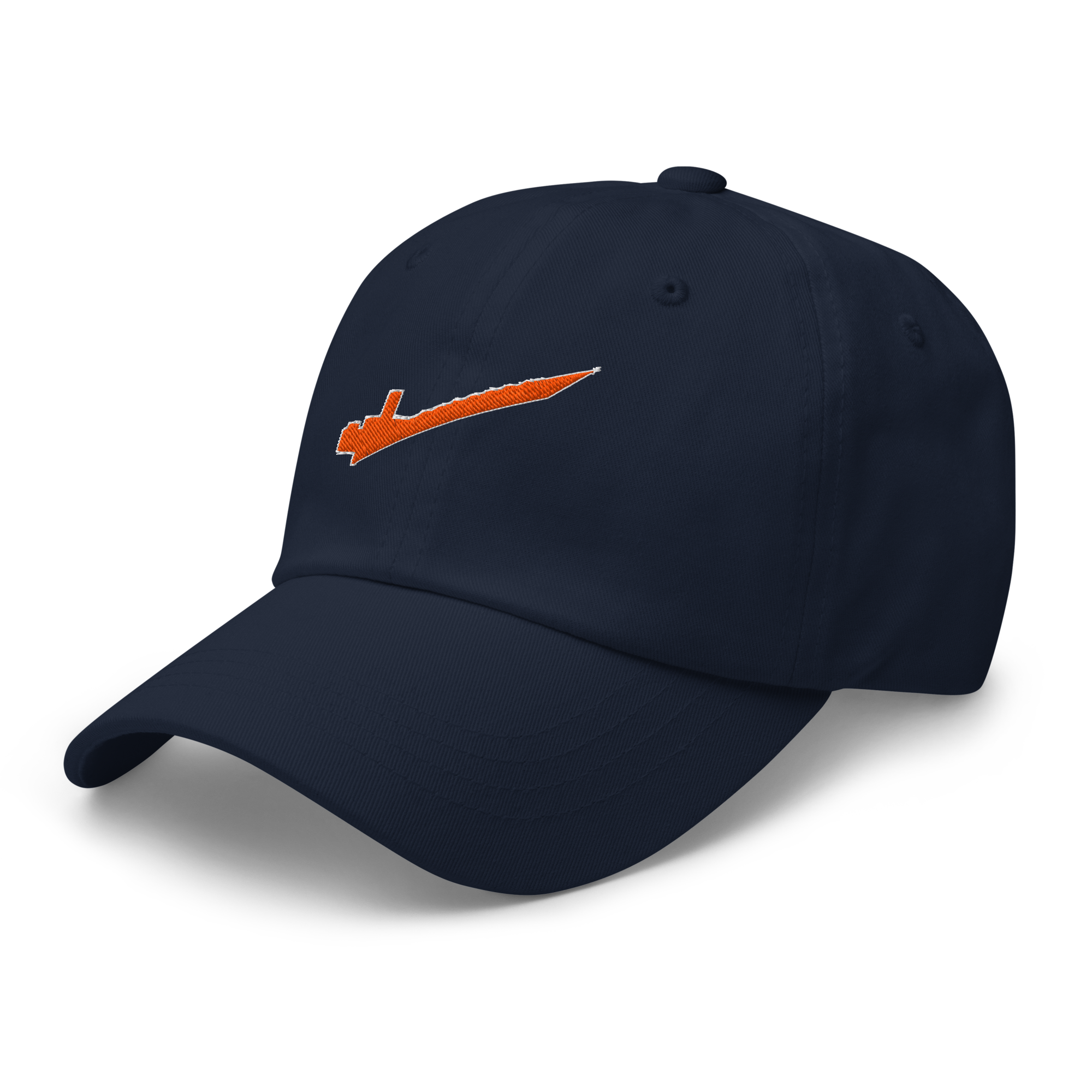 Side profile of navy cotton twill baseball cap hat featuring embroidered orange brick separator design. Item is a BRKDrip AFOL Headgear Dad Hat with a modern town building blocks aesthetic.