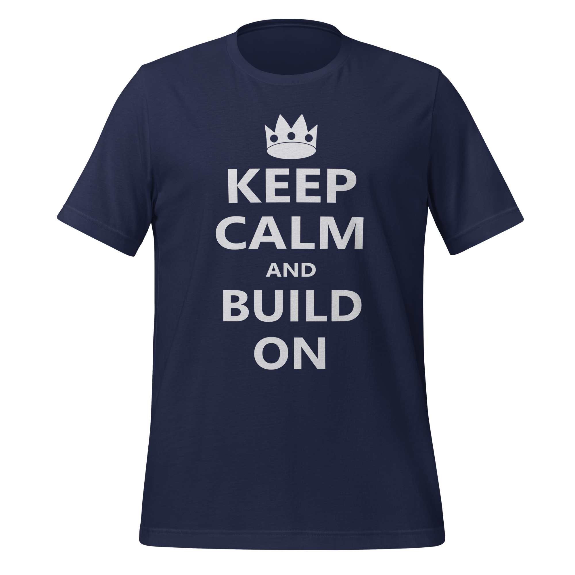 Navy blue 100% airlume cotton t-shirt featuring OG castle crown and parody AFOL saying: "Keep Calm and Build On". Item is a BRKDrip AFOL essentials shirt with a modern brick-inspired aesthetic.
