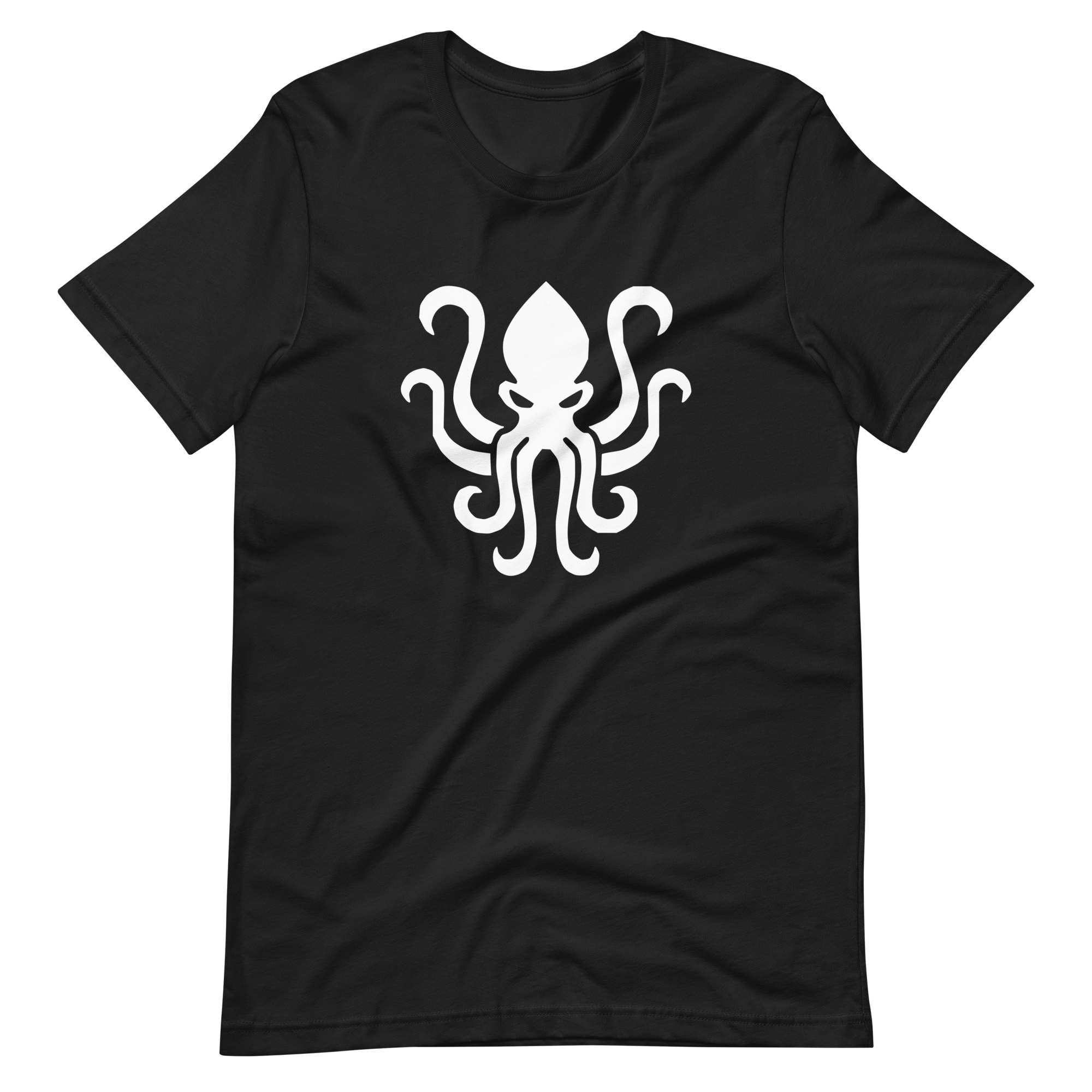 Wrinkled black 100% airlume cotton t-shirt featuring kraken sea monster design. Item is a BRKDrip AFOL essentials shirt with a vintage castle building blocks aesthetic.
