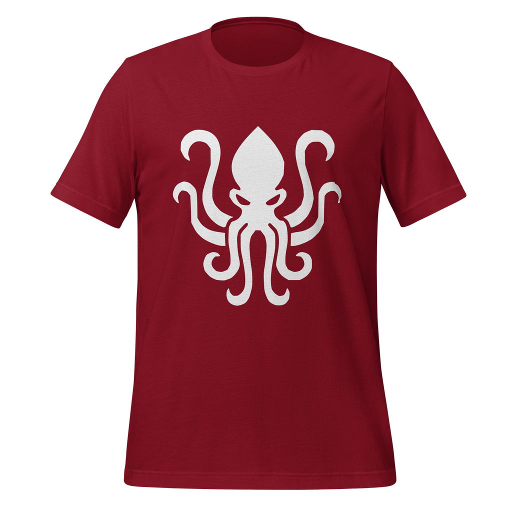 Cardinal red 100% airlume cotton t-shirt featuring kraken sea monster design. Item is a BRKDrip AFOL essentials shirt with a vintage castle building blocks aesthetic.