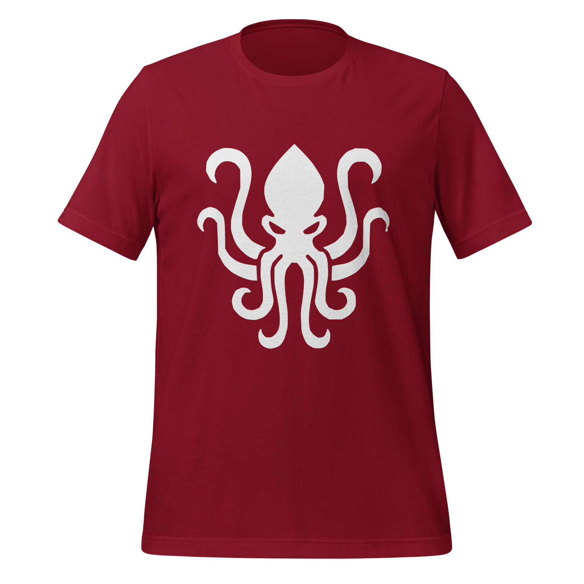 Cardinal red 100% airlume cotton t-shirt featuring kraken sea monster design. Item is a BRKDrip AFOL essentials shirt with a vintage castle building blocks aesthetic.