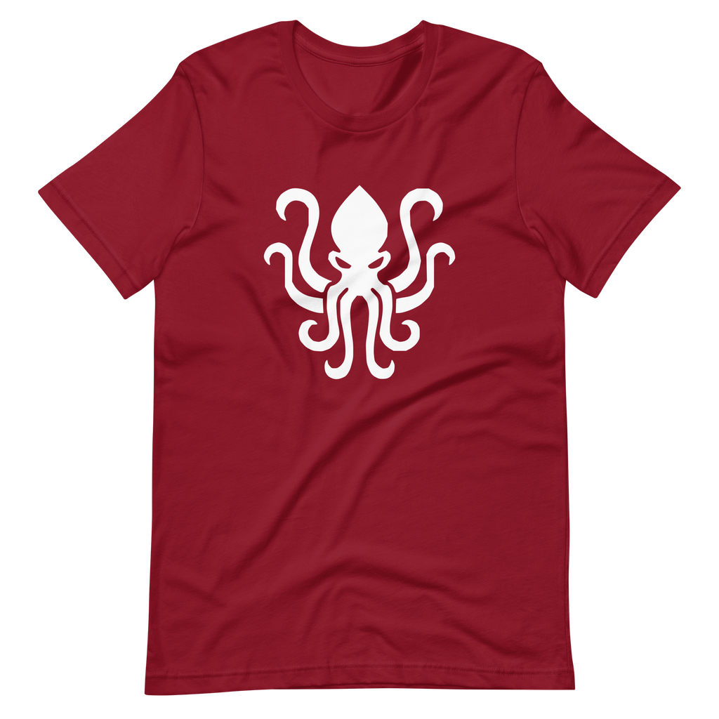 Wrinkled cardinal red 100% airlume cotton t-shirt featuring kraken sea monster design. Item is a BRKDrip AFOL essentials shirt with a vintage castle building blocks aesthetic.