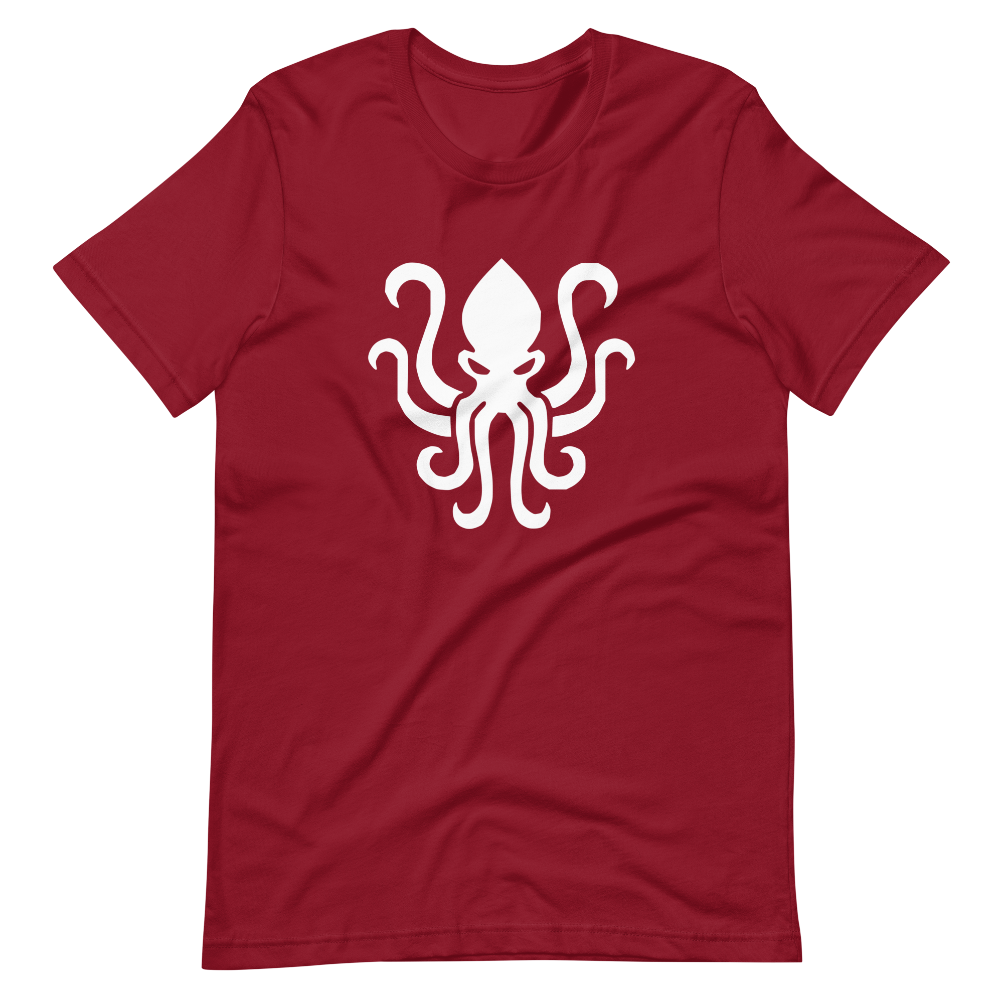 Wrinkled cardinal red 100% airlume cotton t-shirt featuring kraken sea monster design. Item is a BRKDrip AFOL essentials shirt with a vintage castle building blocks aesthetic.