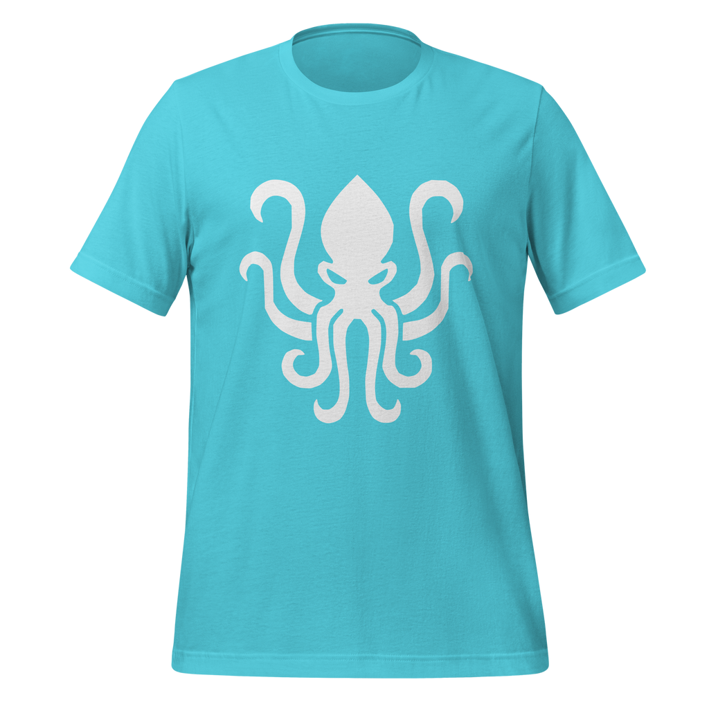 Turquoise 100% airlume cotton t-shirt featuring kraken sea monster design. Item is a BRKDrip AFOL essentials shirt with a vintage castle building blocks aesthetic.