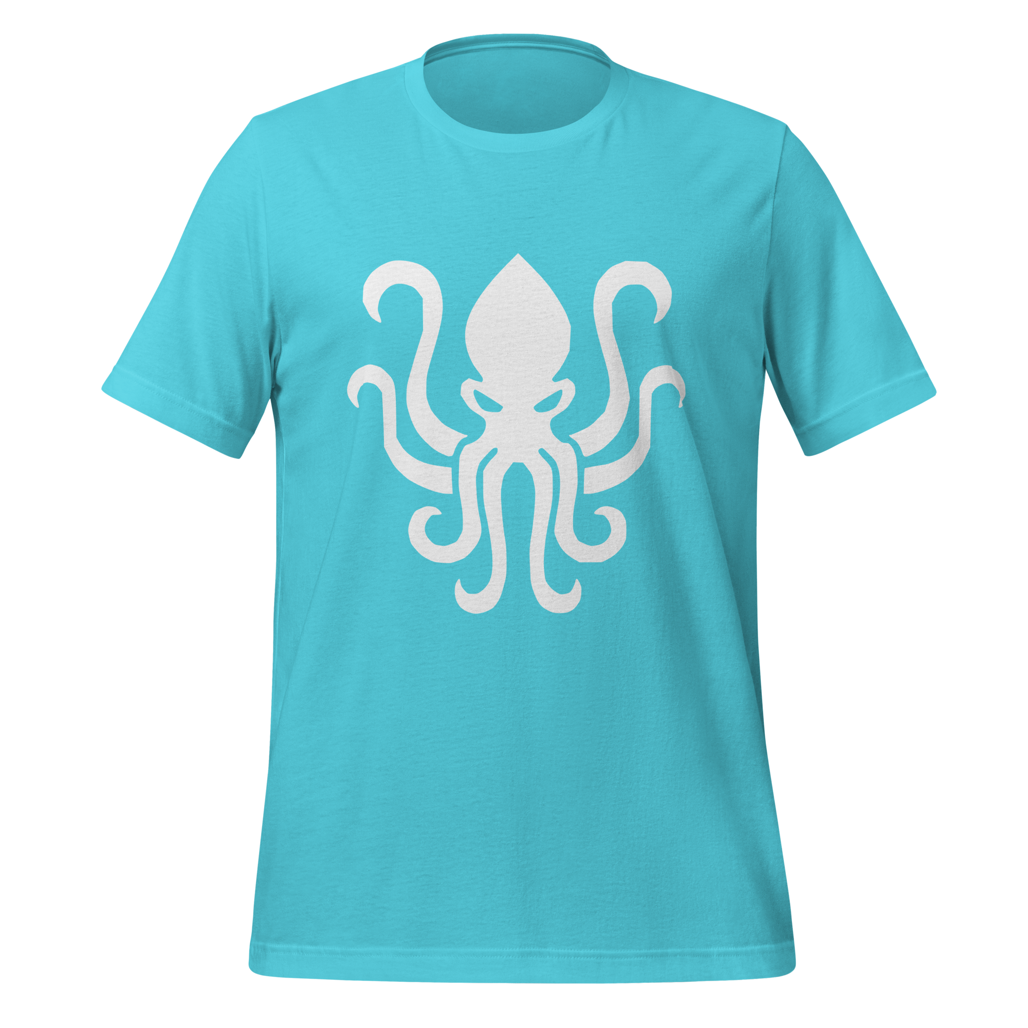 Turquoise 100% airlume cotton t-shirt featuring kraken sea monster design. Item is a BRKDrip AFOL essentials shirt with a vintage castle building blocks aesthetic.