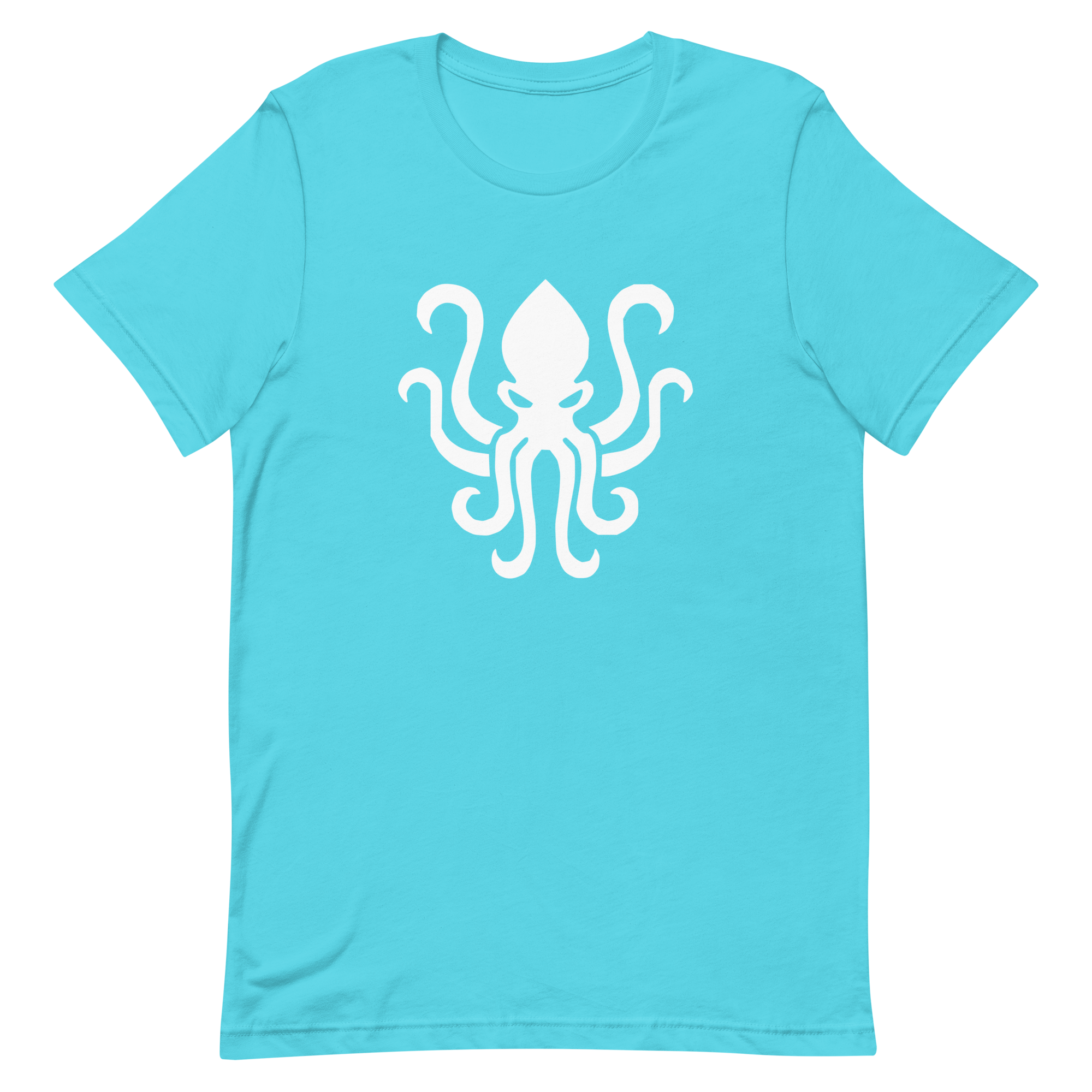Wrinkled turquoise 100% airlume cotton t-shirt featuring kraken sea monster design. Item is a BRKDrip AFOL essentials shirt with a vintage castle building blocks aesthetic.