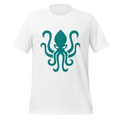 White 100% airlume cotton t-shirt featuring kraken sea monster design. Item is a BRKDrip AFOL essentials shirt with a vintage castle building blocks aesthetic.
