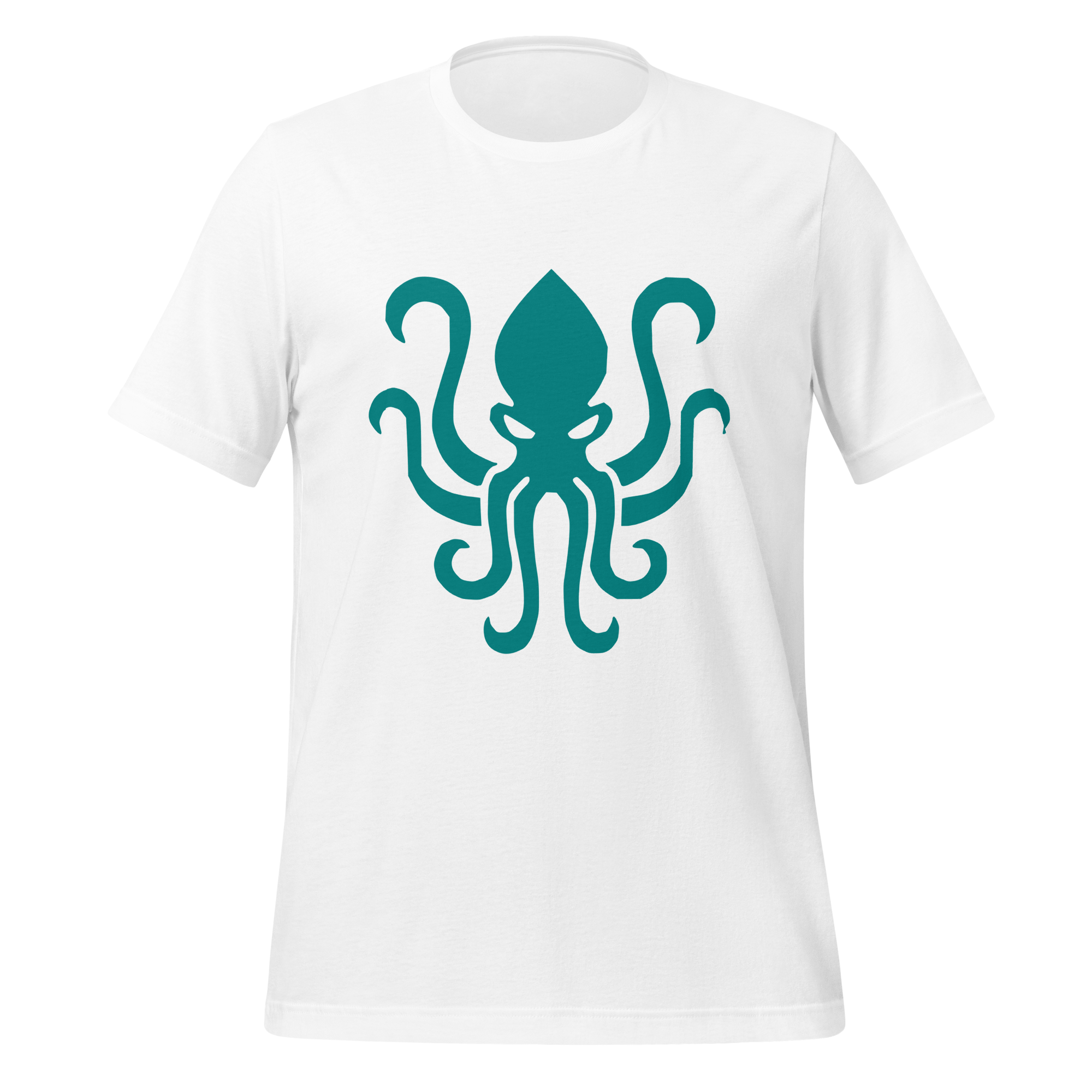 White 100% airlume cotton t-shirt featuring kraken sea monster design. Item is a BRKDrip AFOL essentials shirt with a vintage castle building blocks aesthetic.