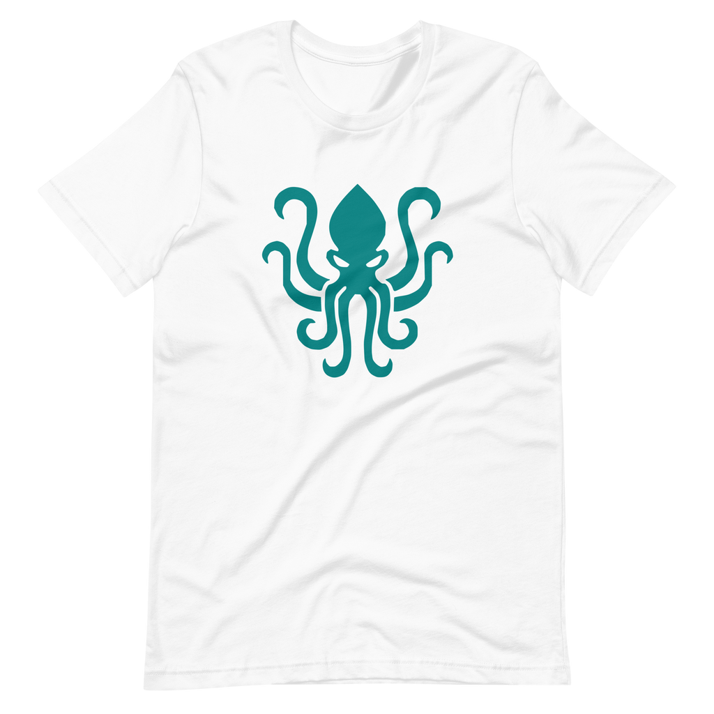 Wrinkled white 100% airlume cotton t-shirt featuring kraken sea monster design. Item is a BRKDrip AFOL essentials shirt with a vintage castle building blocks aesthetic.