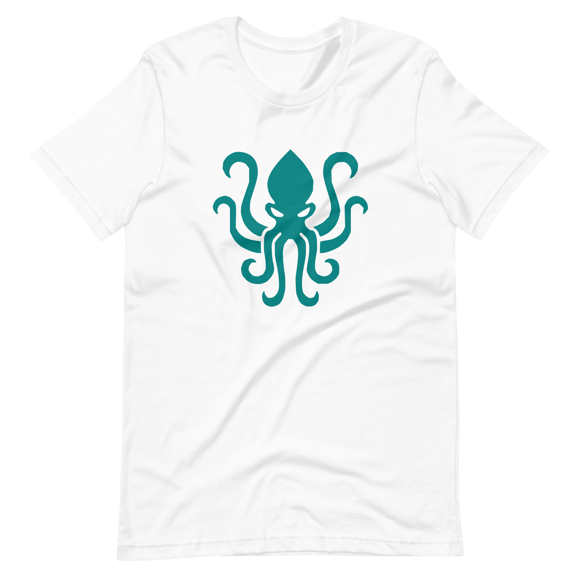 Wrinkled white 100% airlume cotton t-shirt featuring kraken sea monster design. Item is a BRKDrip AFOL essentials shirt with a vintage castle building blocks aesthetic.