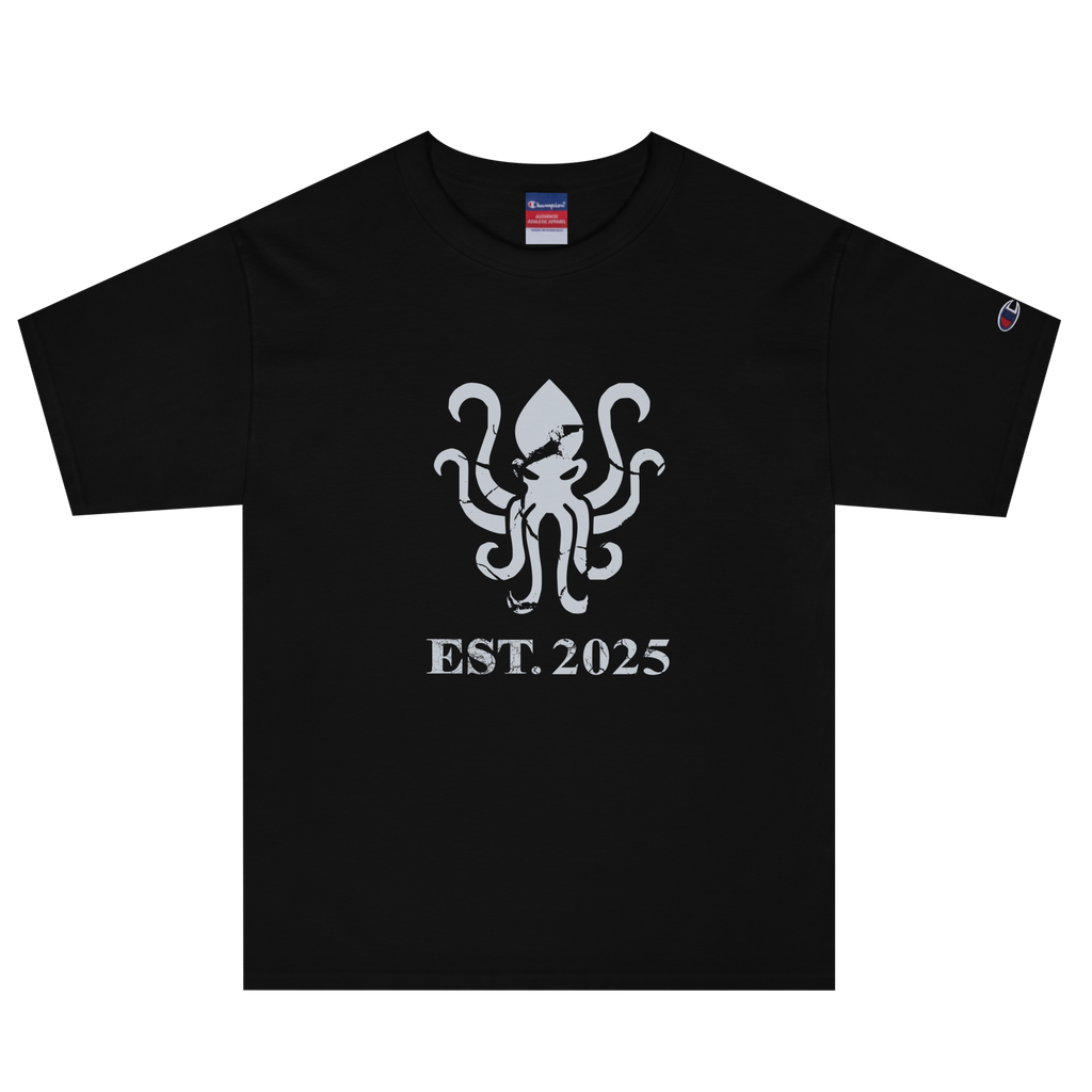 Black heavyweight, 100% cotton luxury Champion© t-shirt featuring aged terrifying kraken sea monster emblem and text "EST. 2025" indicating the year the faction was first introduced to the brick universe. Item is a BRKDrip Heritage Collection luxury shirt with a vintage castle building block aesthetic.