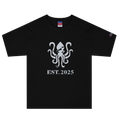Black heavyweight, 100% cotton luxury Champion© t-shirt featuring aged terrifying kraken sea monster emblem and text "EST. 2025" indicating the year the faction was first introduced to the brick universe. Item is a BRKDrip Heritage Collection luxury shirt with a vintage castle building block aesthetic.
