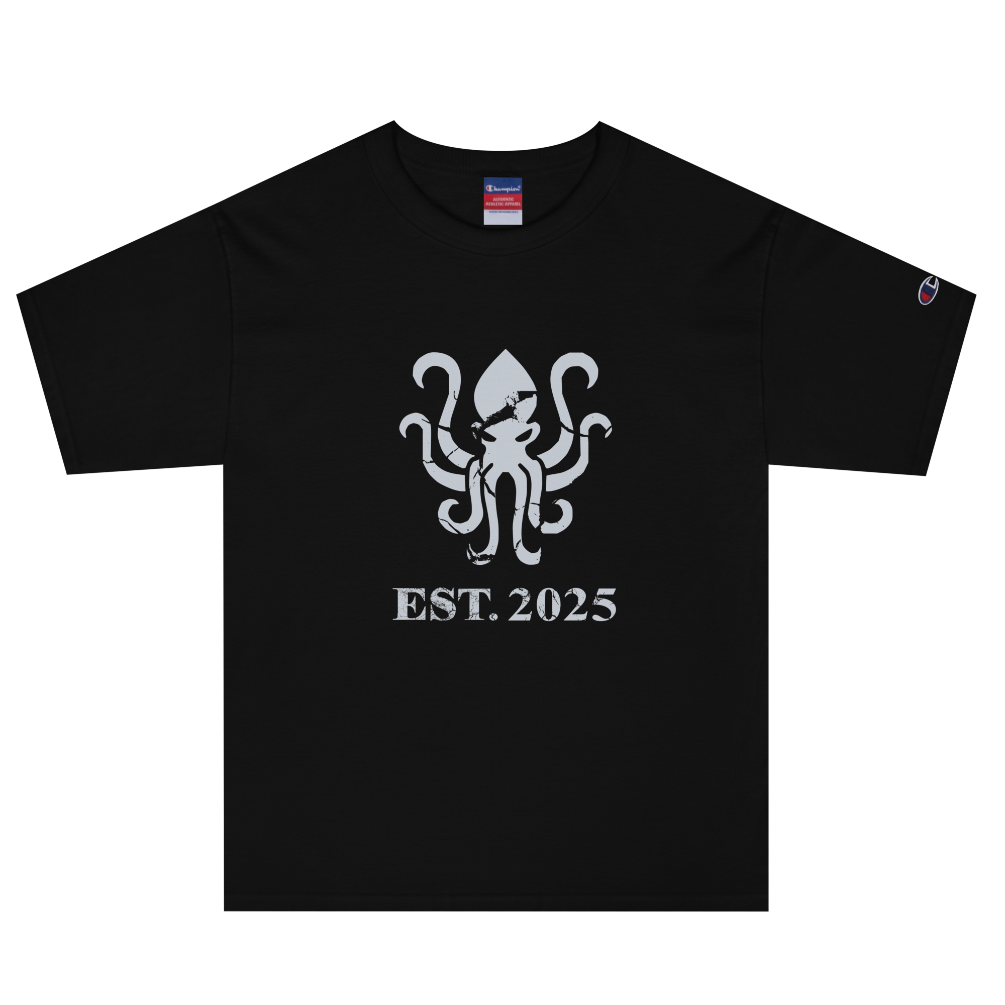 Black heavyweight, 100% cotton luxury Champion© t-shirt featuring aged terrifying kraken sea monster emblem and text "EST. 2025" indicating the year the faction was first introduced to the brick universe. Item is a BRKDrip Heritage Collection luxury shirt with a vintage castle building block aesthetic.