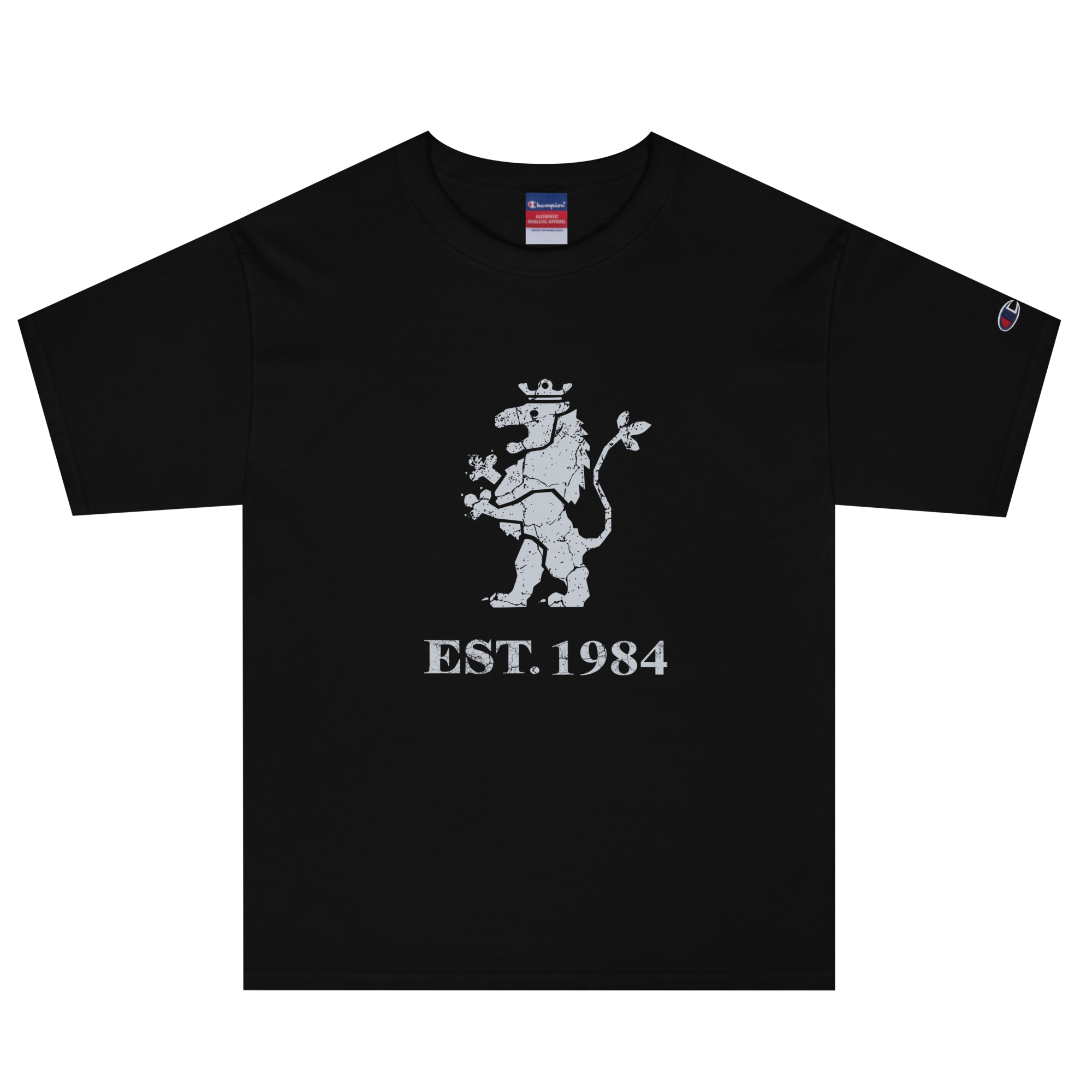 Black heavyweight, 100% cotton luxury Champion© t-shirt featuring aged lion emblem and text "EST. 1984" indicating the year the faction was first introduced to the brick universe. Item is a BRKDrip Heritage Collection luxury shirt with a vintage castle building block aesthetic.