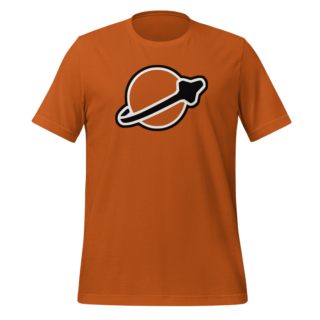 Autumn-colored 100% airlume cotton t-shirt featuring classic fan-made modern brick space logo design. Item is a BRKDrip AFOL essentials shirt with a vintage space building blocks aesthetic.