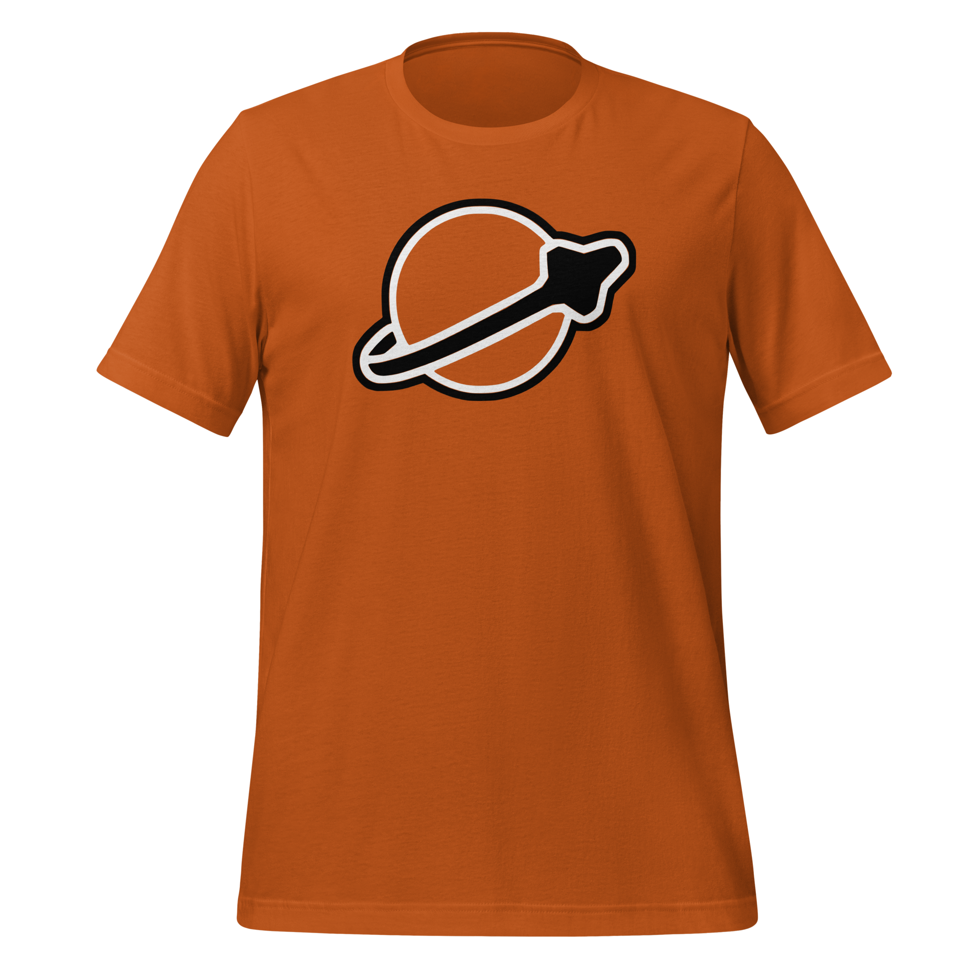 Autumn-colored 100% airlume cotton t-shirt featuring classic fan-made modern brick space logo design. Item is a BRKDrip AFOL essentials shirt with a vintage space building blocks aesthetic.
