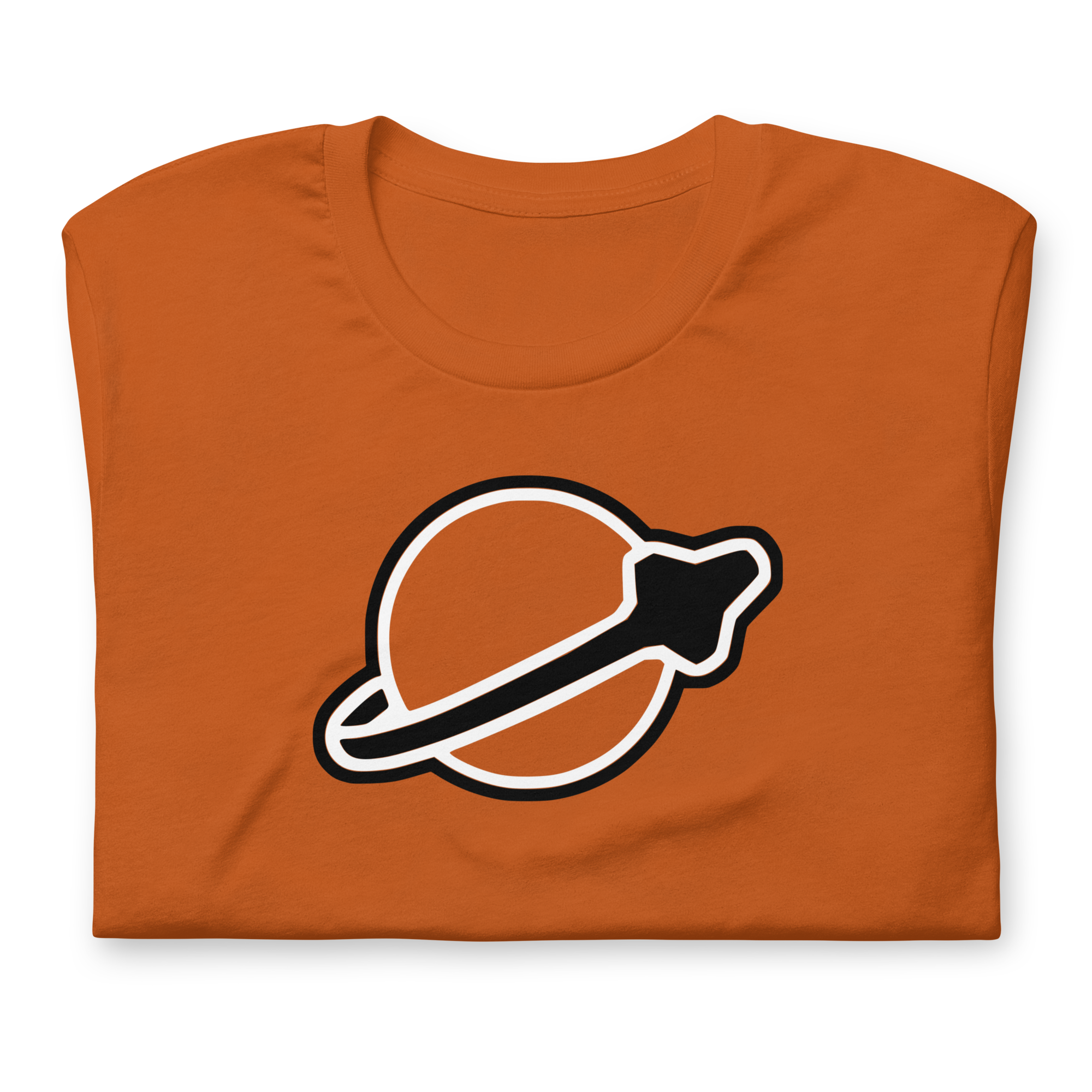Folded autumn-colored 100% airlume cotton t-shirt featuring classic fan-made modern brick space logo design. Item is a BRKDrip AFOL essentials shirt with a vintage space building blocks aesthetic.