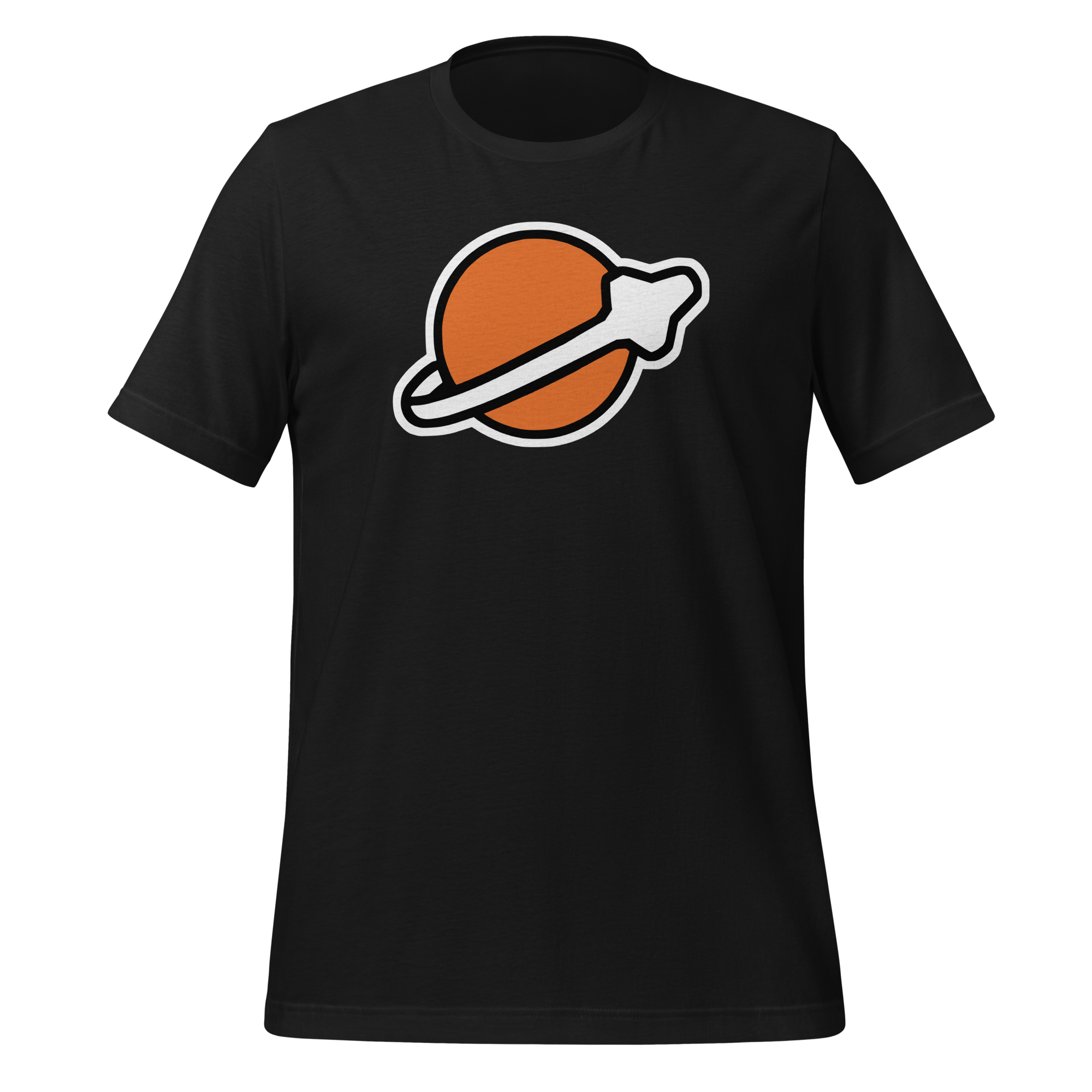 Black 100% airlume cotton t-shirt featuring classic fan-made modern brick space logo design. Item is a BRKDrip AFOL essentials shirt with a vintage space building blocks aesthetic.
