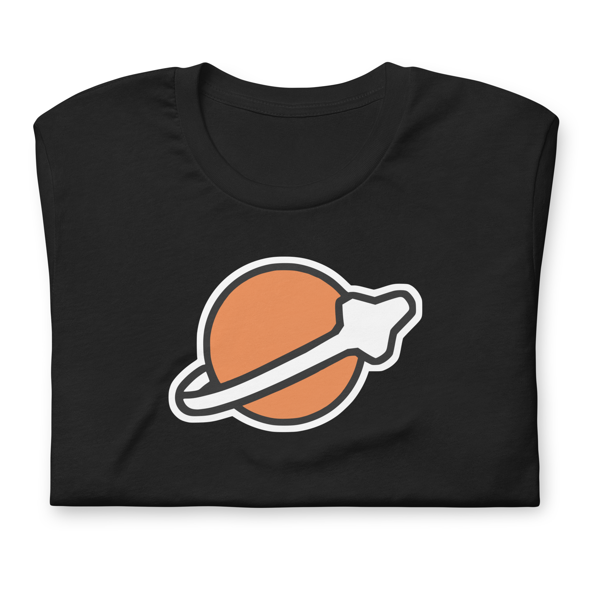 Folded black 100% airlume cotton t-shirt featuring classic fan-made modern brick space logo design. Item is a BRKDrip AFOL essentials shirt with a vintage space building blocks aesthetic.