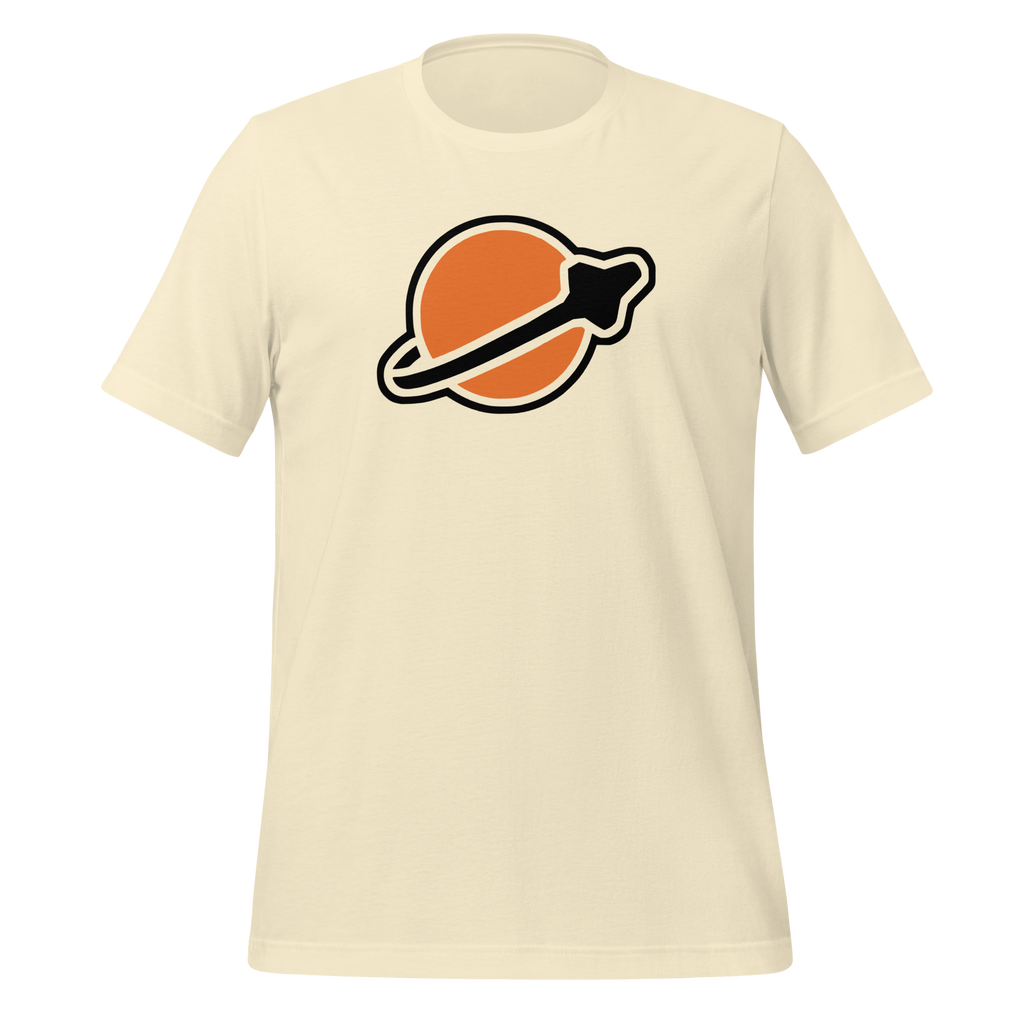 Natural-colored 100% airlume cotton t-shirt featuring classic fan-made modern brick space logo design. Item is a BRKDrip AFOL essentials shirt with a vintage space building blocks aesthetic.
