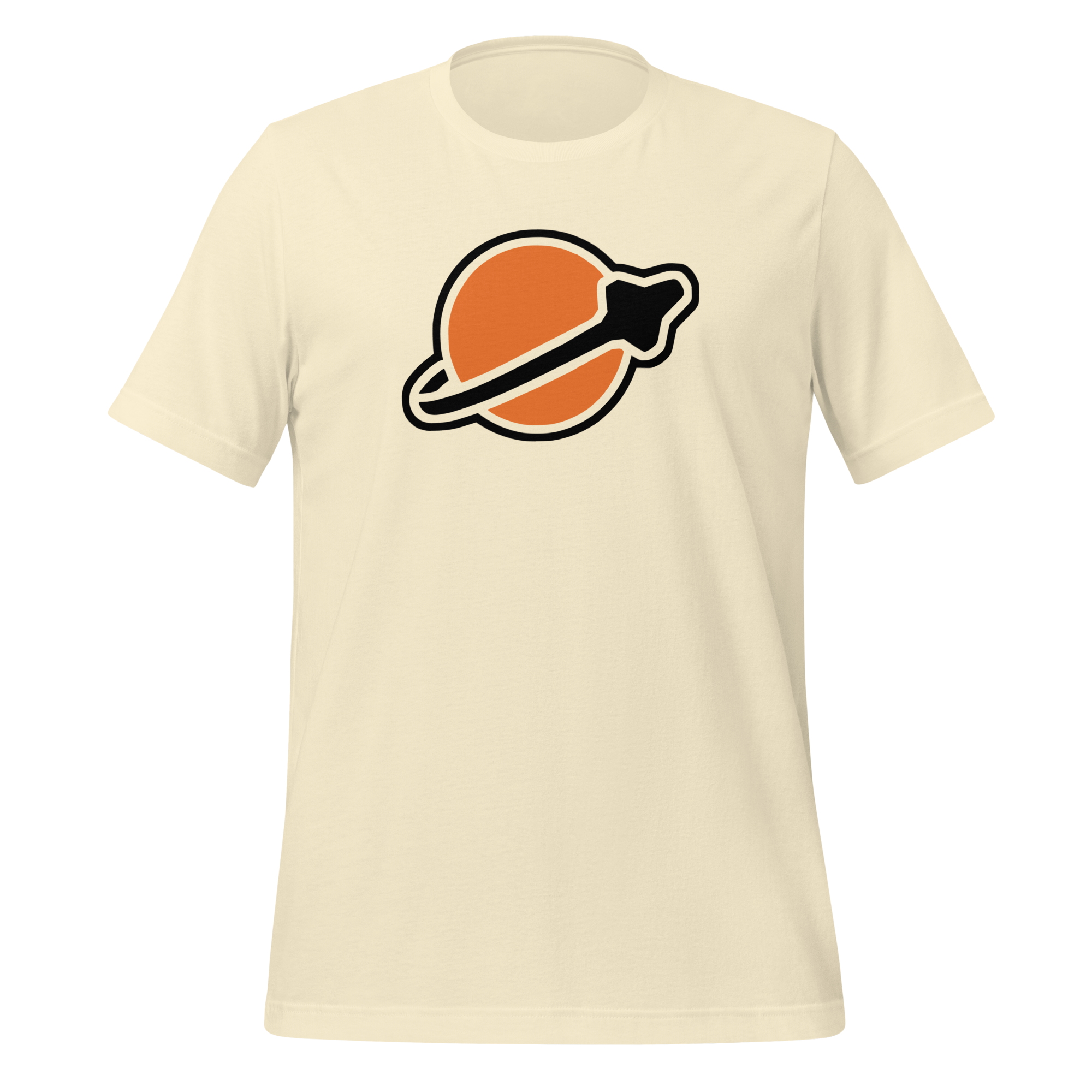 Natural-colored 100% airlume cotton t-shirt featuring classic fan-made modern brick space logo design. Item is a BRKDrip AFOL essentials shirt with a vintage space building blocks aesthetic.