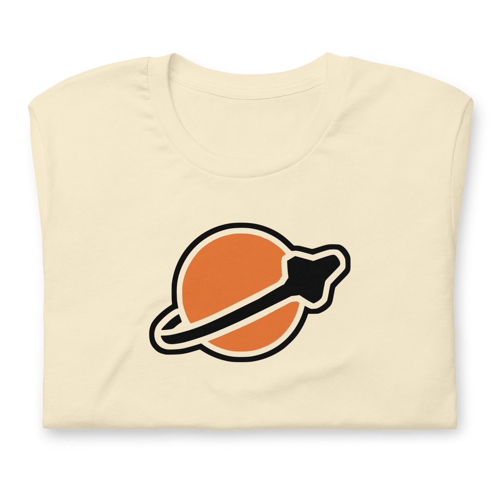 Folded natural-colored 100% airlume cotton t-shirt featuring classic fan-made modern brick space logo design. Item is a BRKDrip AFOL essentials shirt with a vintage space building blocks aesthetic.
