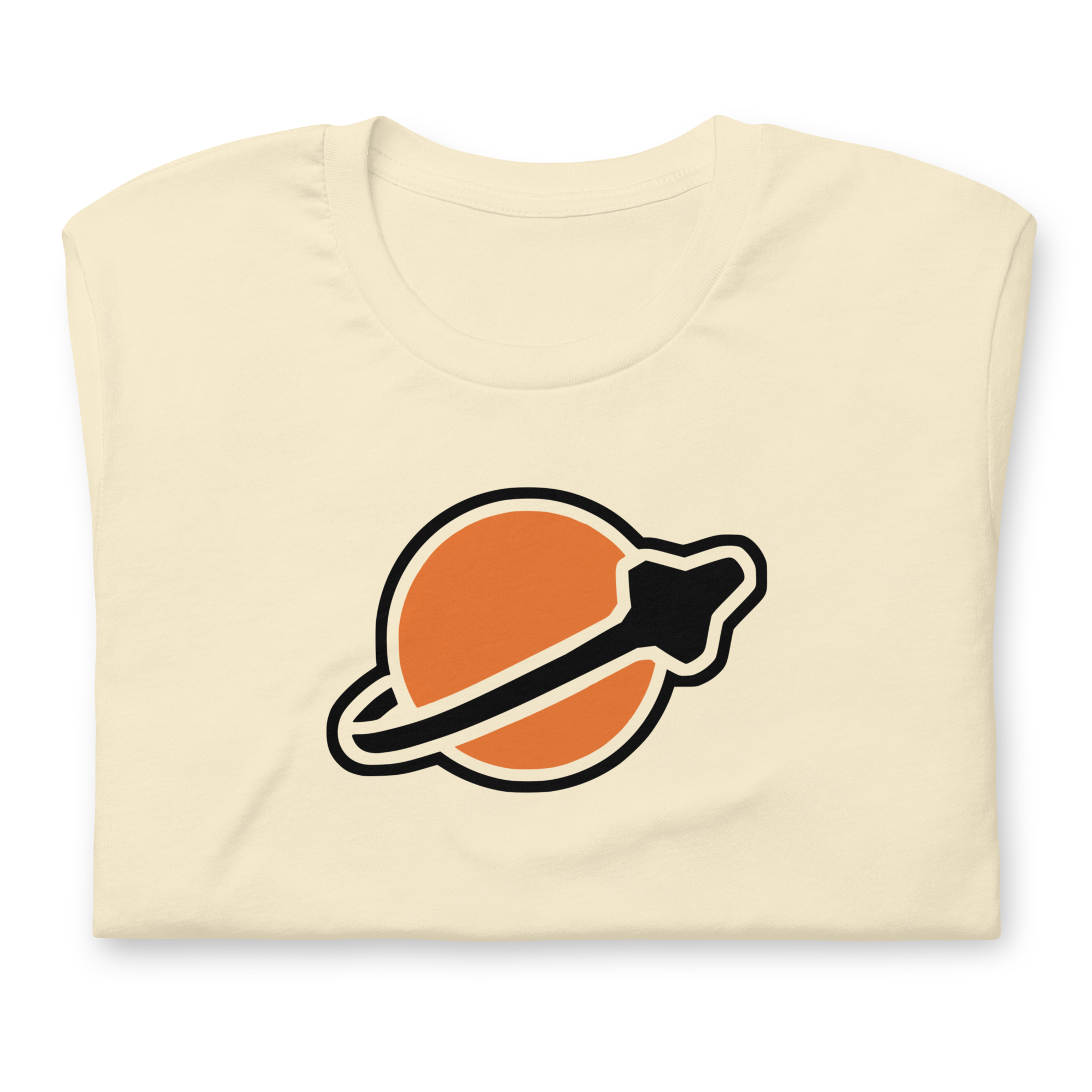 Folded natural-colored 100% airlume cotton t-shirt featuring classic fan-made modern brick space logo design. Item is a BRKDrip AFOL essentials shirt with a vintage space building blocks aesthetic.