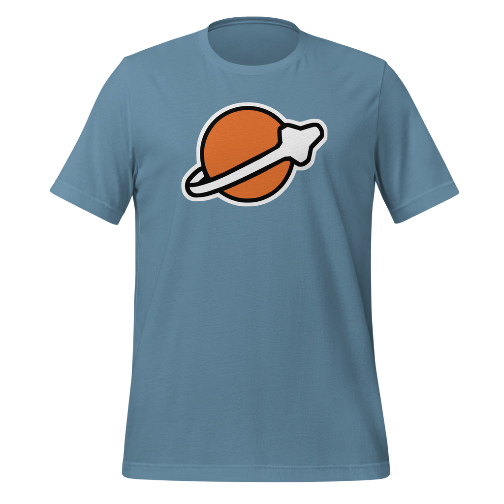 Steel blue 100% airlume cotton t-shirt featuring classic fan-made modern brick space logo design. Item is a BRKDrip AFOL essentials shirt with a vintage space building blocks aesthetic.