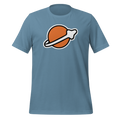 Steel blue 100% airlume cotton t-shirt featuring classic fan-made modern brick space logo design. Item is a BRKDrip AFOL essentials shirt with a vintage space building blocks aesthetic.