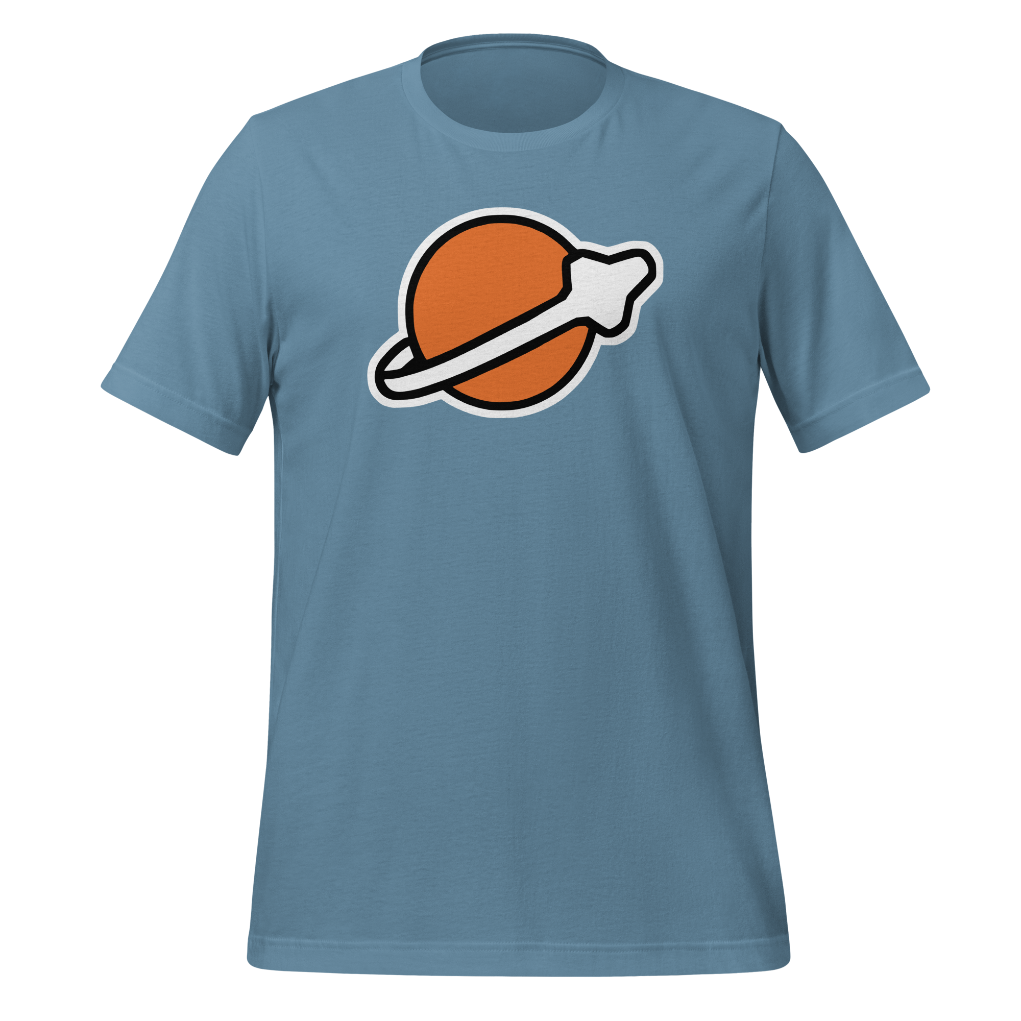Steel blue 100% airlume cotton t-shirt featuring classic fan-made modern brick space logo design. Item is a BRKDrip AFOL essentials shirt with a vintage space building blocks aesthetic.