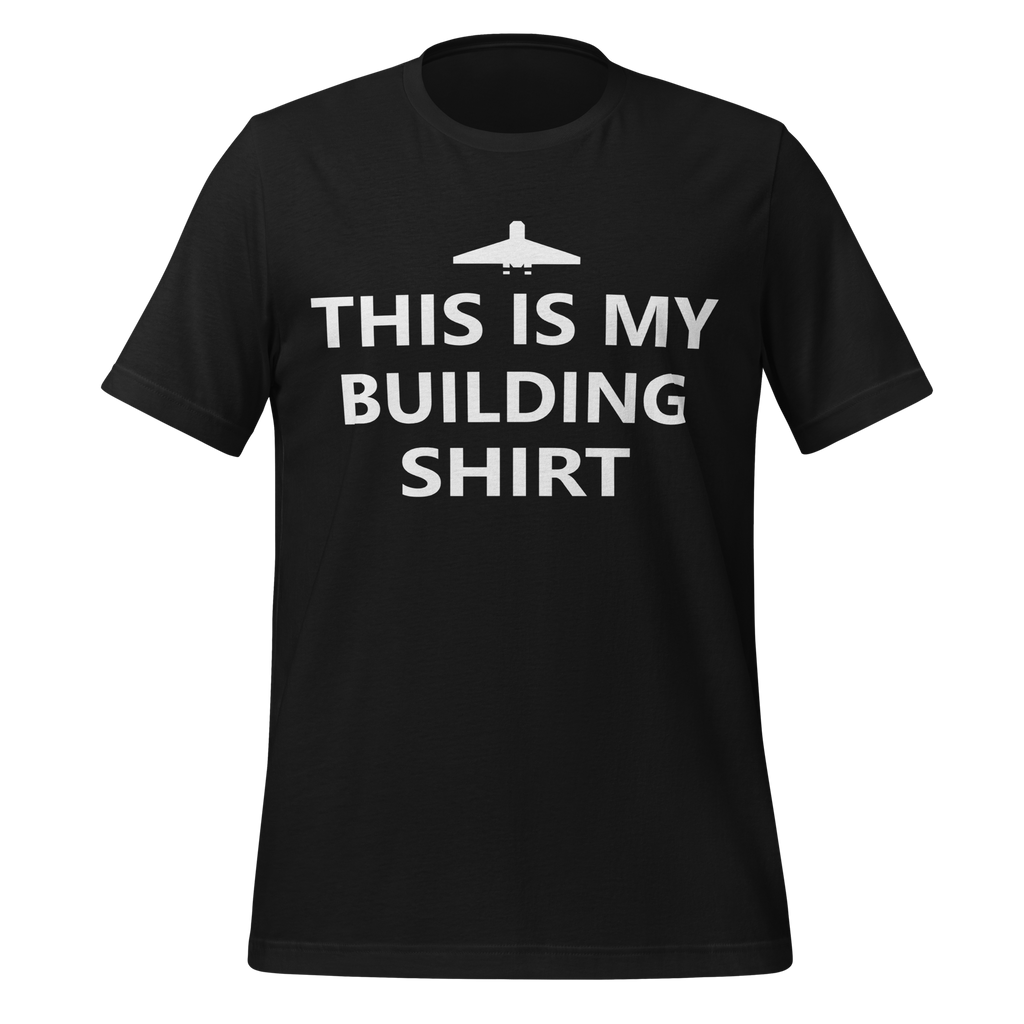 Vintage black airlume cotton t-shirt featuring brick city airport logo and parody AFOL saying: "This is my Building Shirt". Item is a BRKDrip AFOL essentials shirt with a modern brick-inspired aesthetic.