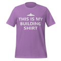Heather purple airlume cotton t-shirt featuring brick city airport logo and parody AFOL saying: "This is my Building Shirt". Item is a BRKDrip AFOL essentials shirt with a modern brick-inspired aesthetic.