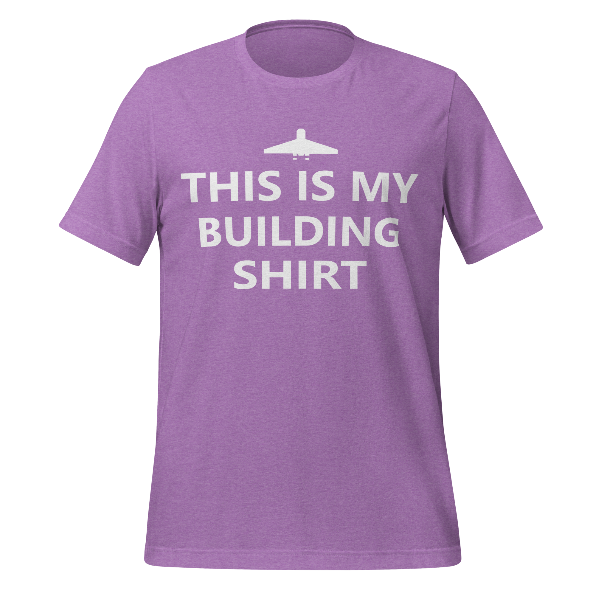 Heather purple airlume cotton t-shirt featuring brick city airport logo and parody AFOL saying: "This is my Building Shirt". Item is a BRKDrip AFOL essentials shirt with a modern brick-inspired aesthetic.