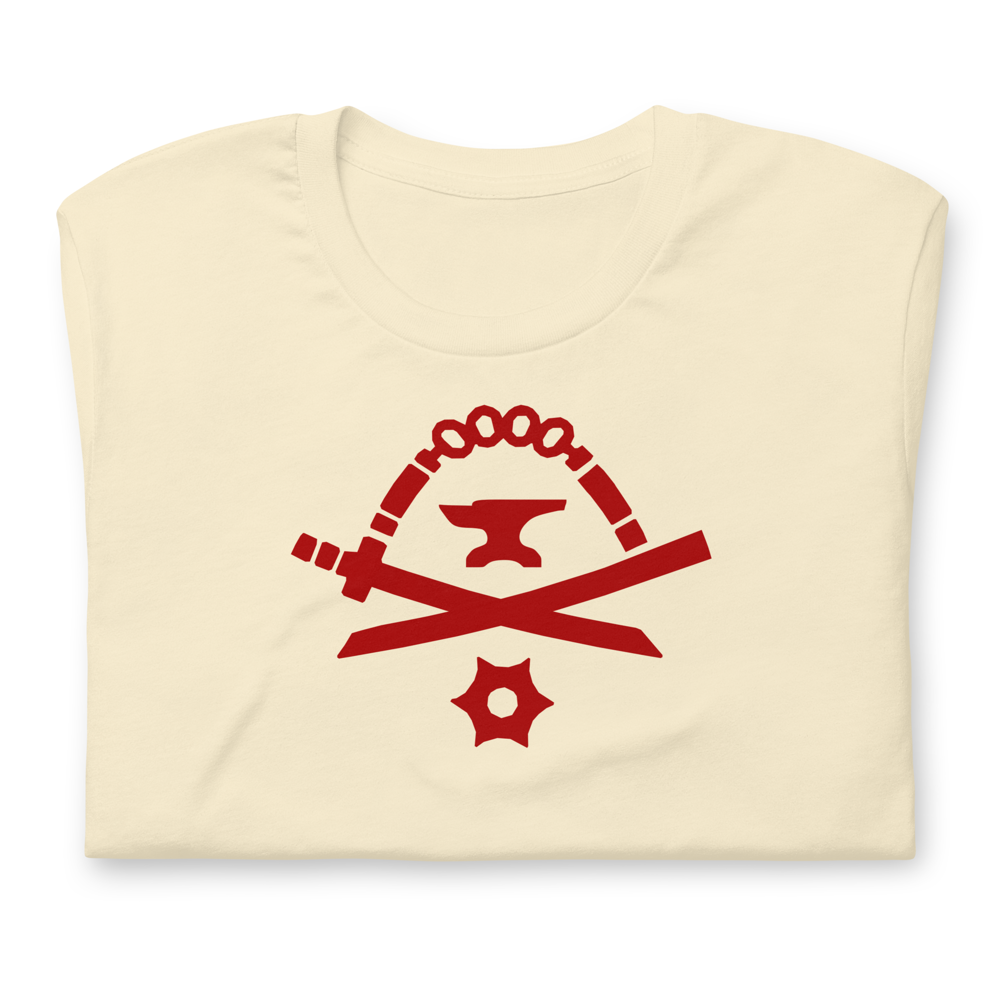 Folded natural-colored 100% airlume cotton t-shirt featuring classic fan-made red golden weapons ninja blacksmith shop logo design. Item is a BRKDrip AFOL essentials shirt with a modern elemental brick master aesthetic.