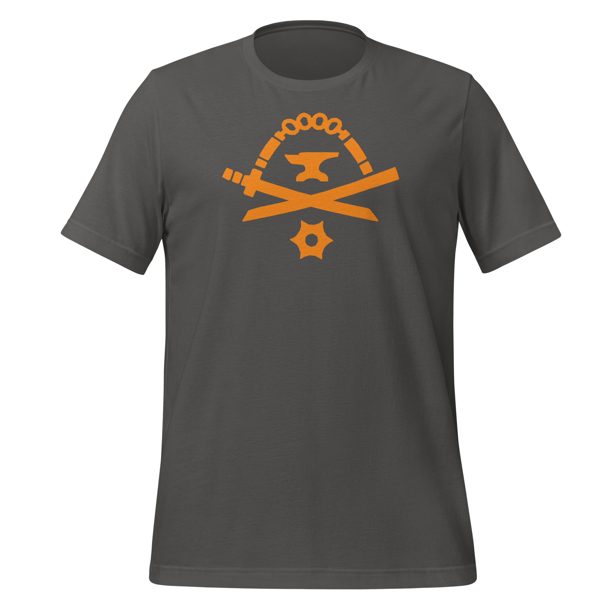 Asphalt-colored 100% airlume cotton t-shirt featuring classic fan-made orange golden weapons ninja blacksmith shop logo design. Item is a BRKDrip AFOL essentials shirt with a modern elemental brick master aesthetic.