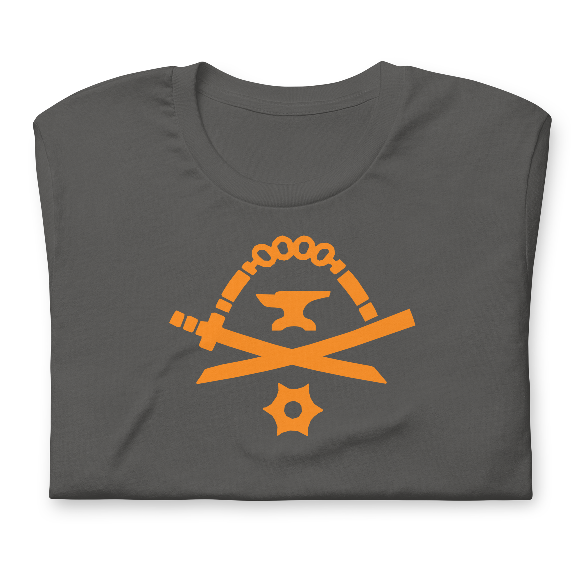 Folded asphalt-colored 100% airlume cotton t-shirt featuring classic fan-made orange golden weapons ninja blacksmith shop logo design. Item is a BRKDrip AFOL essentials shirt with a modern elemental brick master aesthetic.