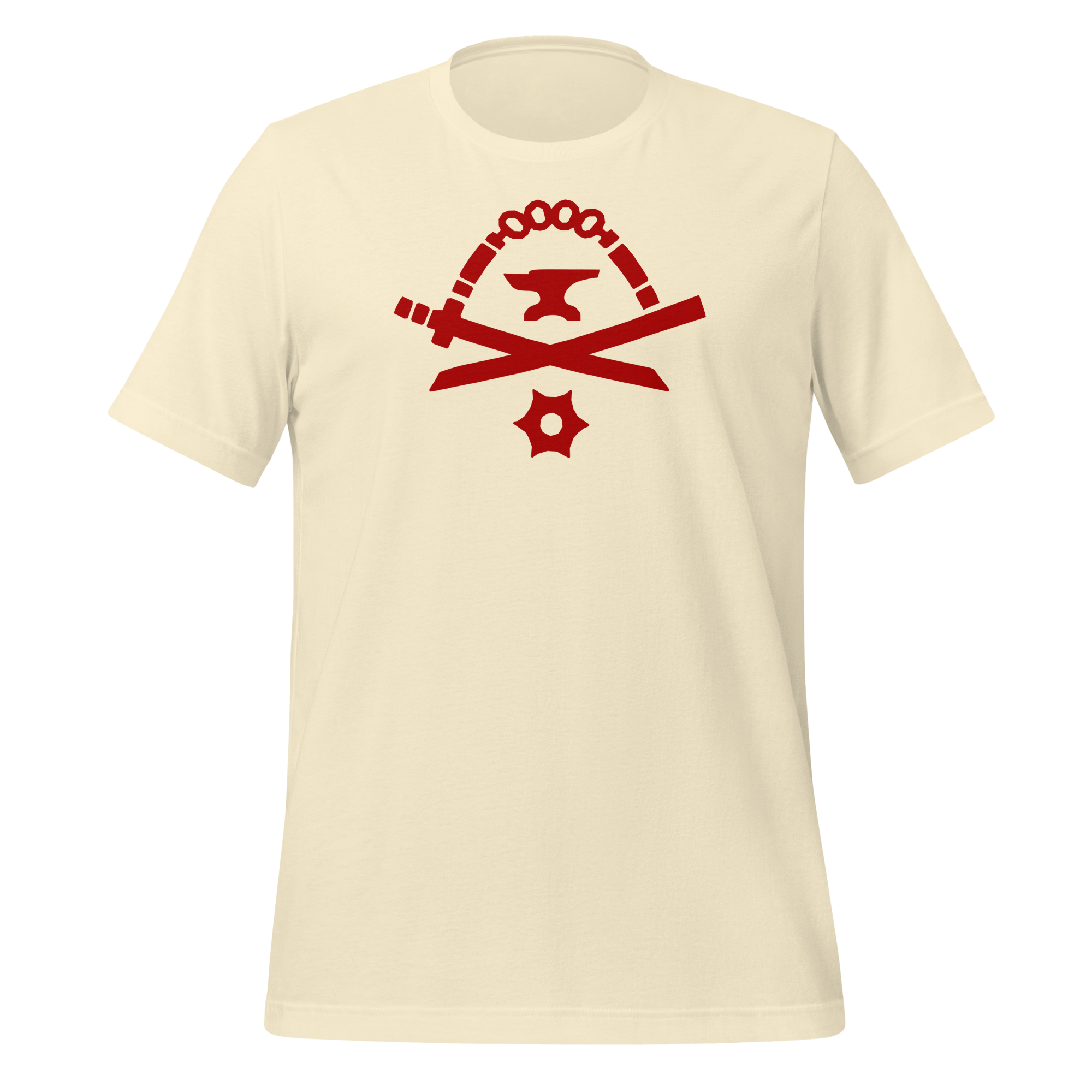 Natural-colored 100% airlume cotton t-shirt featuring classic fan-made red golden weapons ninja blacksmith shop logo design. Item is a BRKDrip AFOL essentials shirt with a modern elemental brick master aesthetic.